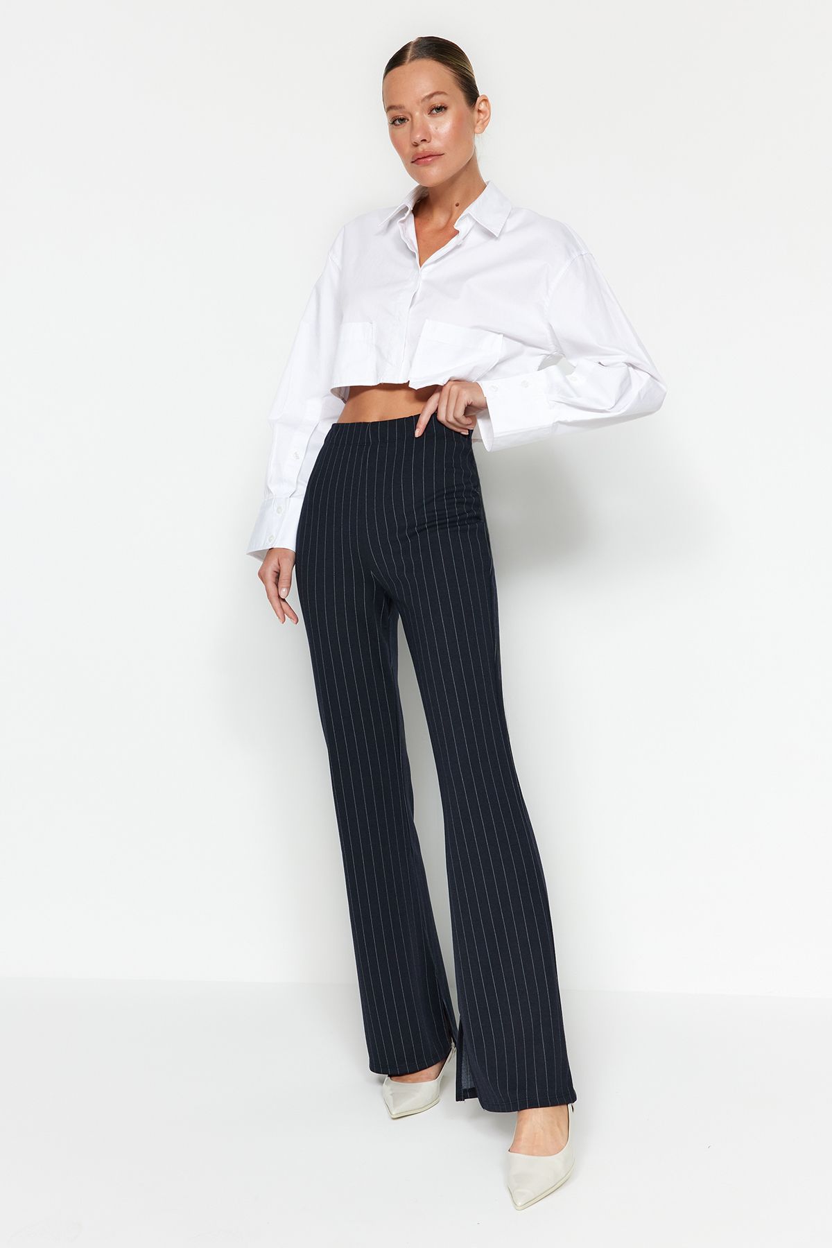 Trendyol Collection Granatowe, Inteligentne Rozcięcie, Rozszerzane/hiszpańskie Nogawki, Dzianinowe Legginsy Z Wysokim Stanem W Paski Kobieta - 2XL