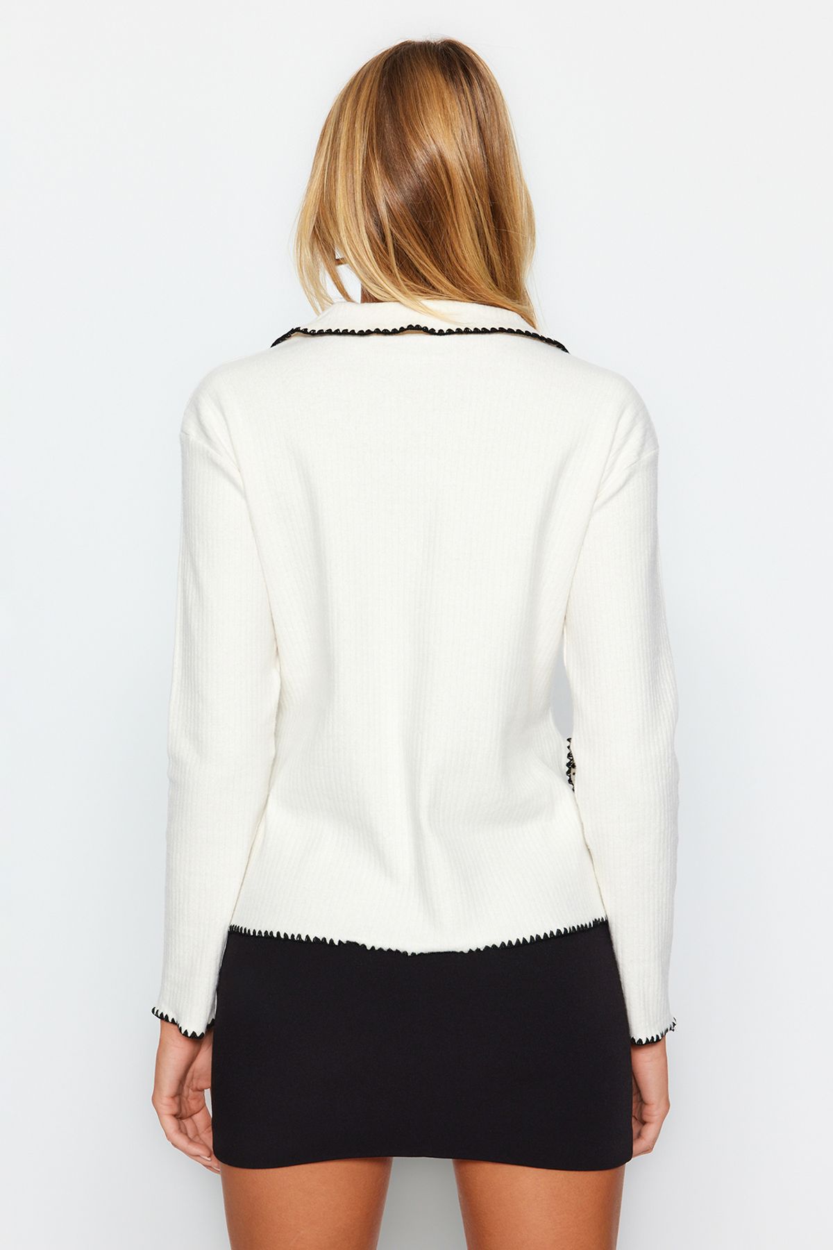 Trendyol Collection-Ecru Crochet Embroidery Detailed Corded Shirt Collar Regular Fit Knitted Blouse TWOAW24BZ00398 5