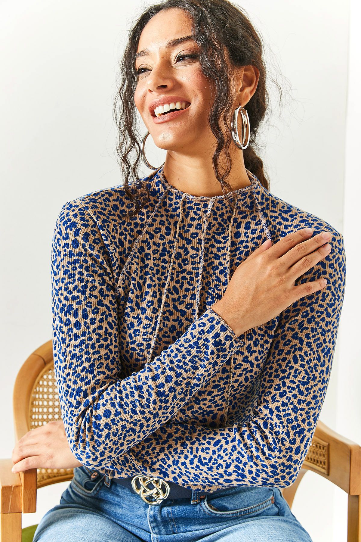 Olalook-Dámská leopardí Saks Blue Piece s vysokým límcem Lycra Crop Halenka BLZ-19002398 4