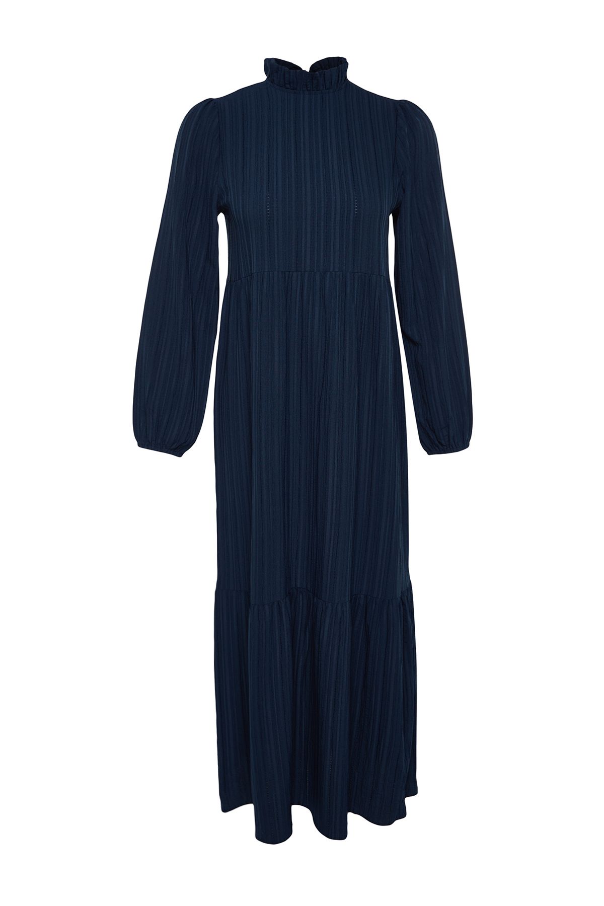 Trendyol Modest-Marineblaues Crinkle-Gewebtes Kleid mit Stehkragen und weiter Passform TCTSS22EB00171 5