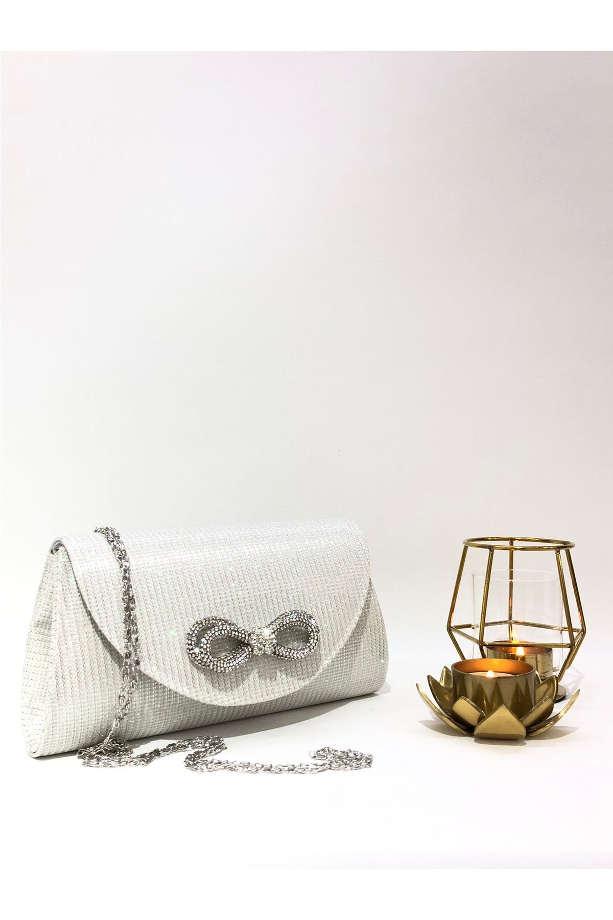 Silver evening bag top with shoulder strap