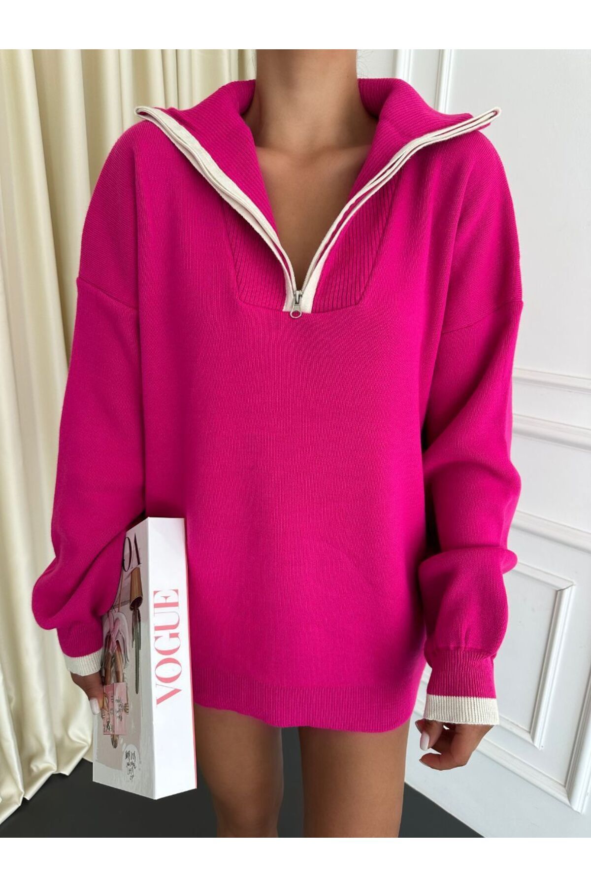ibeeka Übergroßer Barbie-Pullover mit rosa Kragen und Reißverschluss für  Damen in Übergröße, Standardgröße - Trendyol