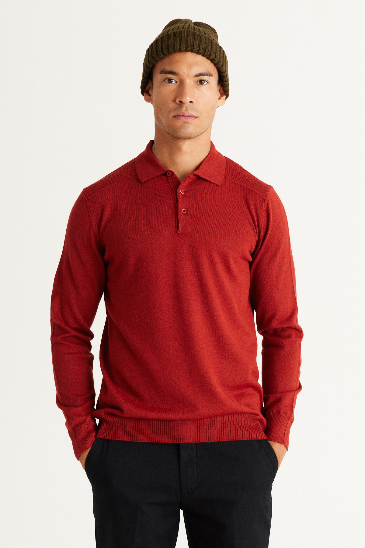 Erkek Kiremit Yünlü Standart Fit Normal Kesim Polo Yaka Triko Kazak