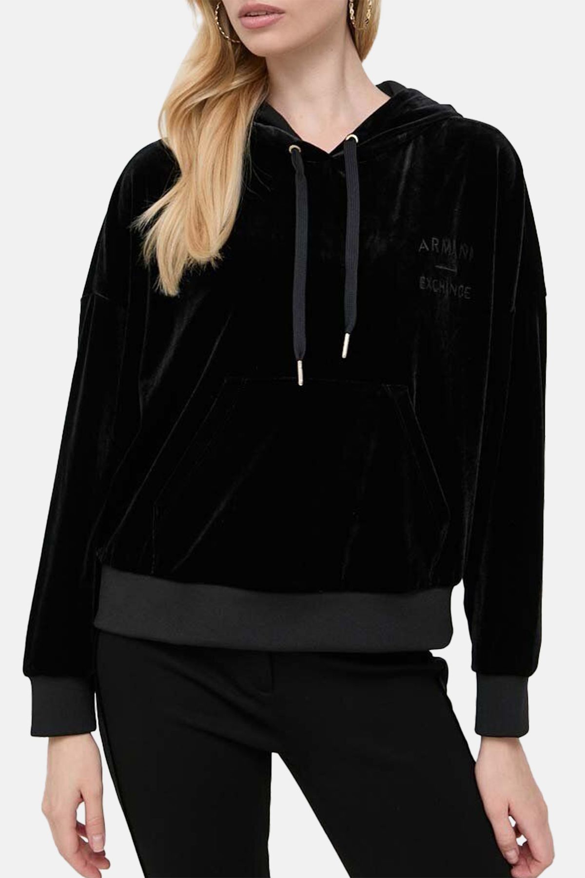 Armani Exchange Regular Fit Kangaroo Pocket Hooded Velvet Sweat
