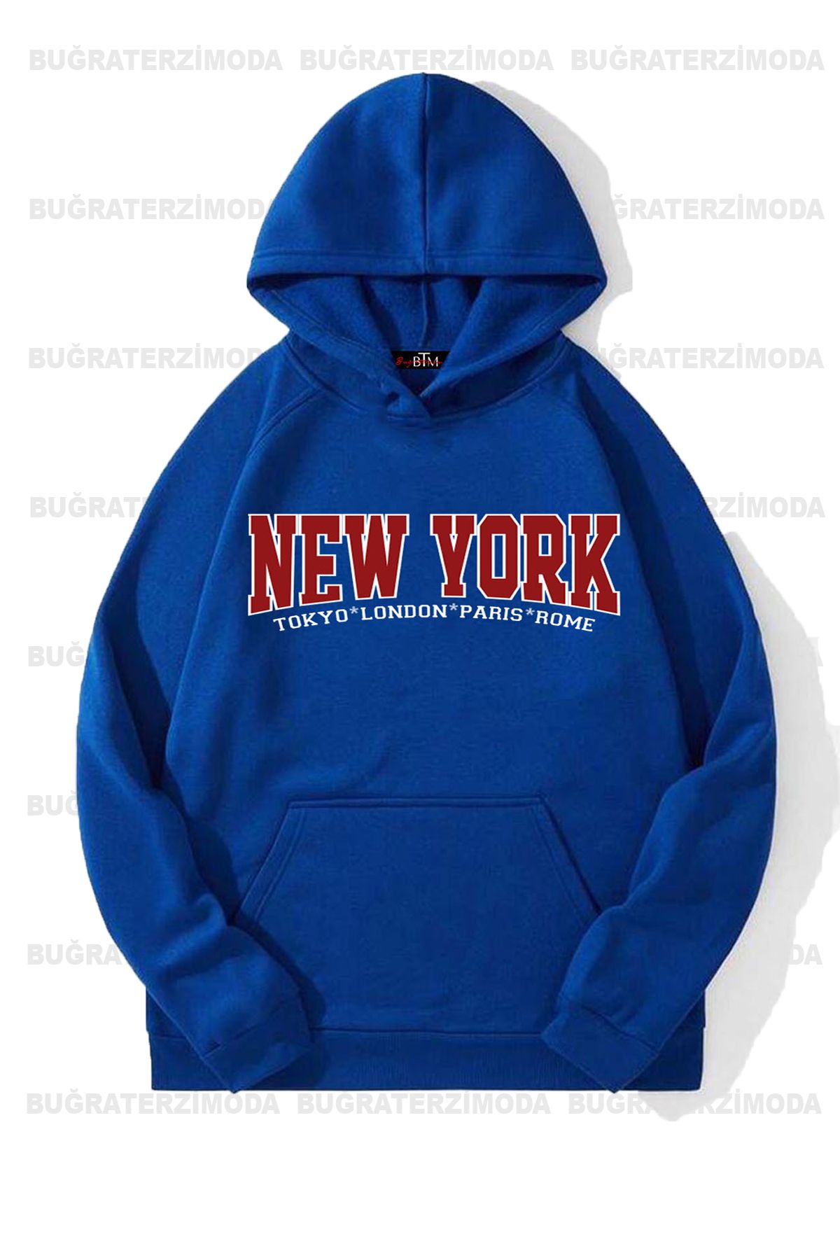 Buğraterzimoda New York Printed Unisex Saks Blue Hooded Sweatshirt