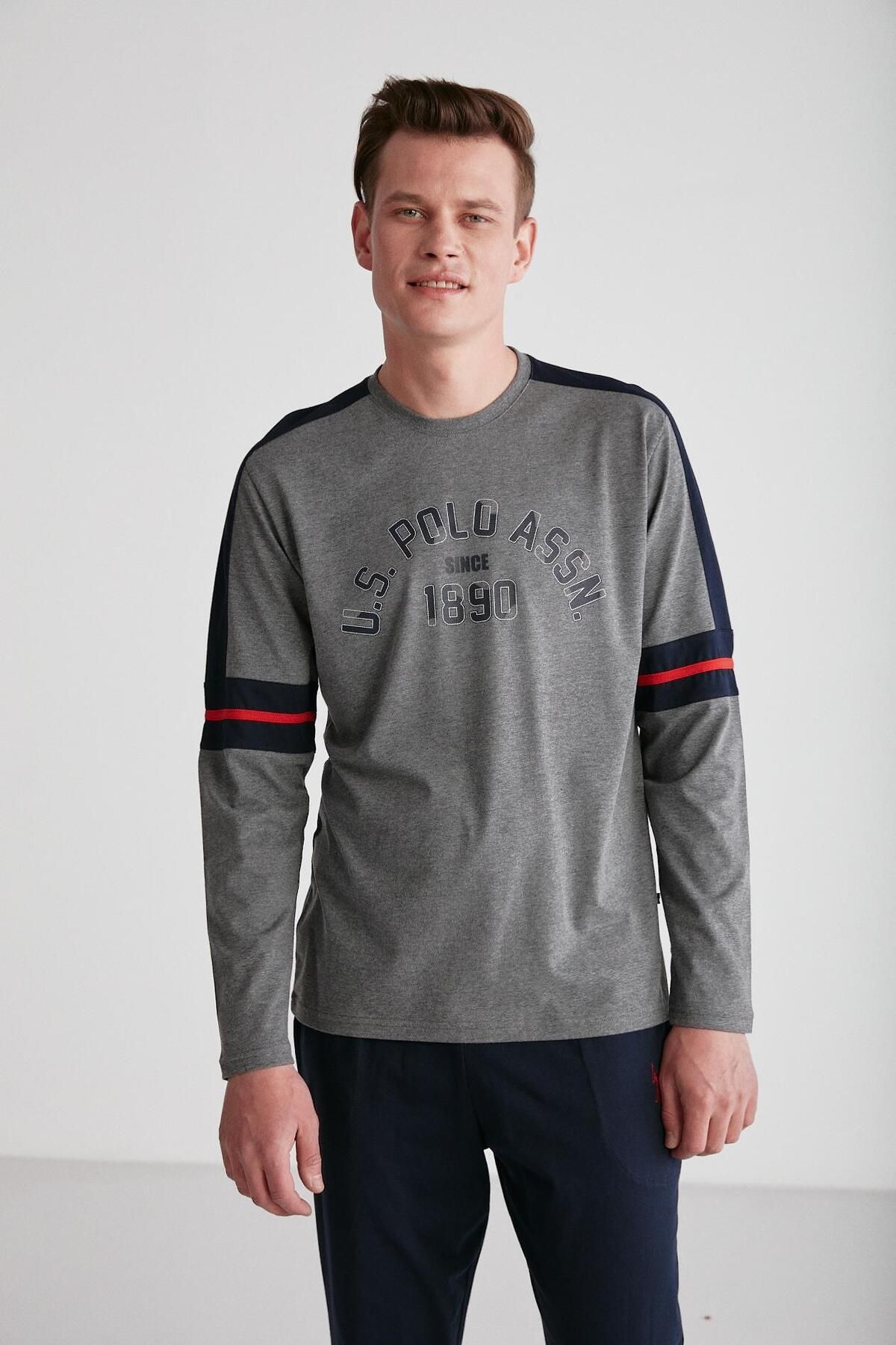 ست پیژامه خاکستری مردانه لباس خواب یقه گرد آنتراسیت ملانژ U.S. Polo Assn.