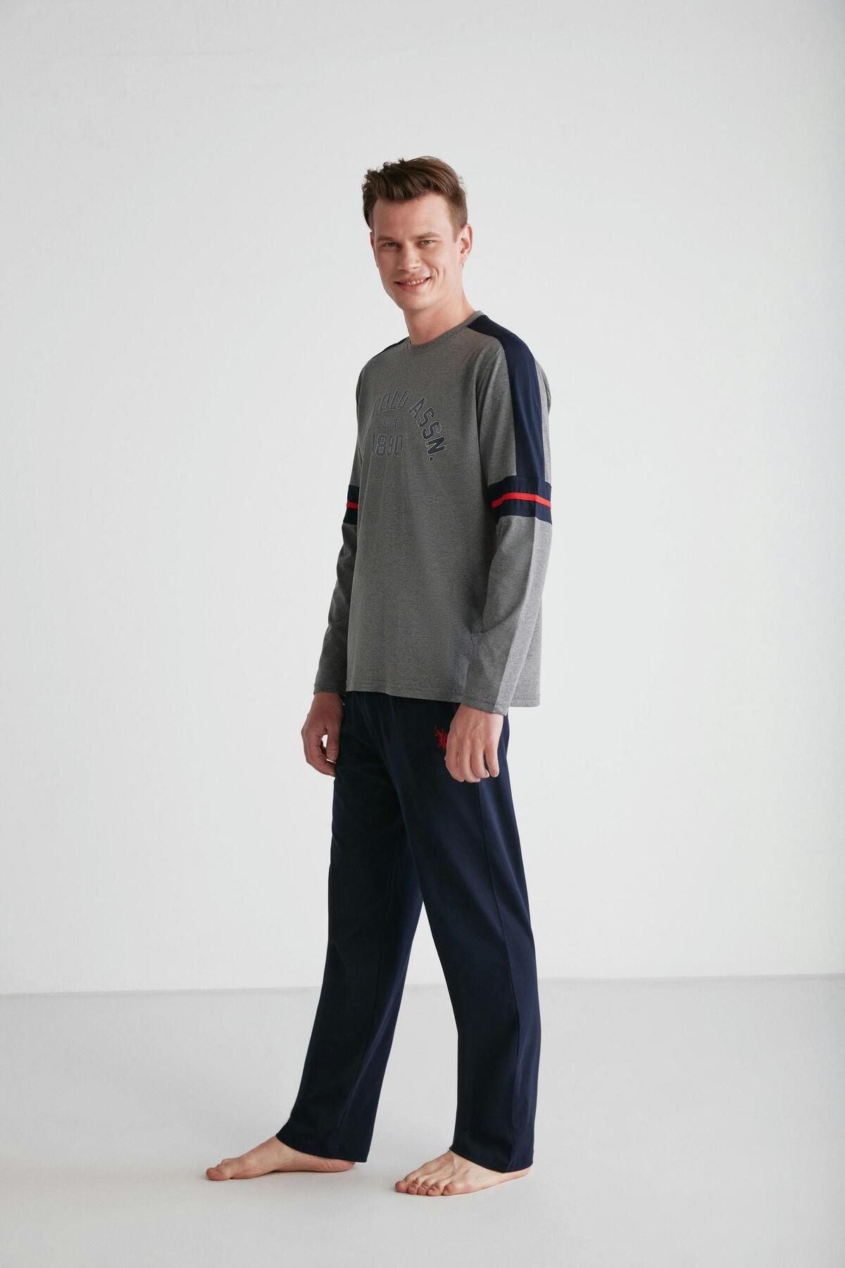 ست پیژامه خاکستری مردانه لباس خواب یقه گرد آنتراسیت ملانژ U.S. Polo Assn.