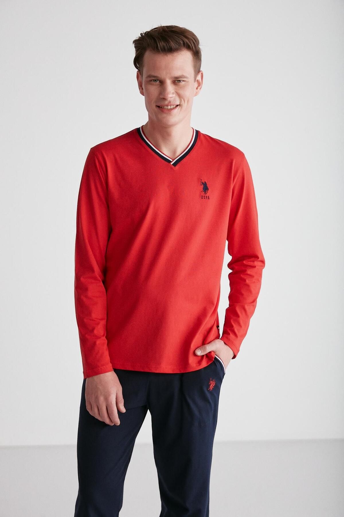 ست پیژامه قرمز مردانه لباس خواب یقه V U.S. Polo Assn.