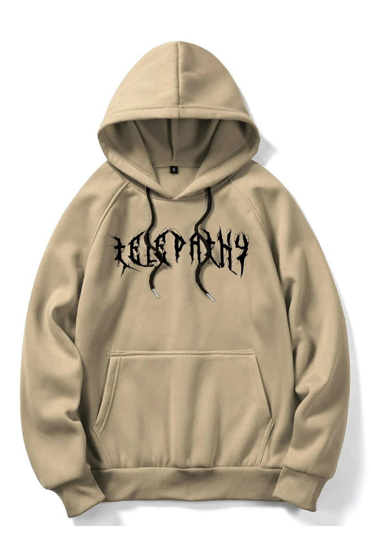 Black Sokak-Beige Telepathy Printed Oversize Hooded Men's Sweatshirt 2