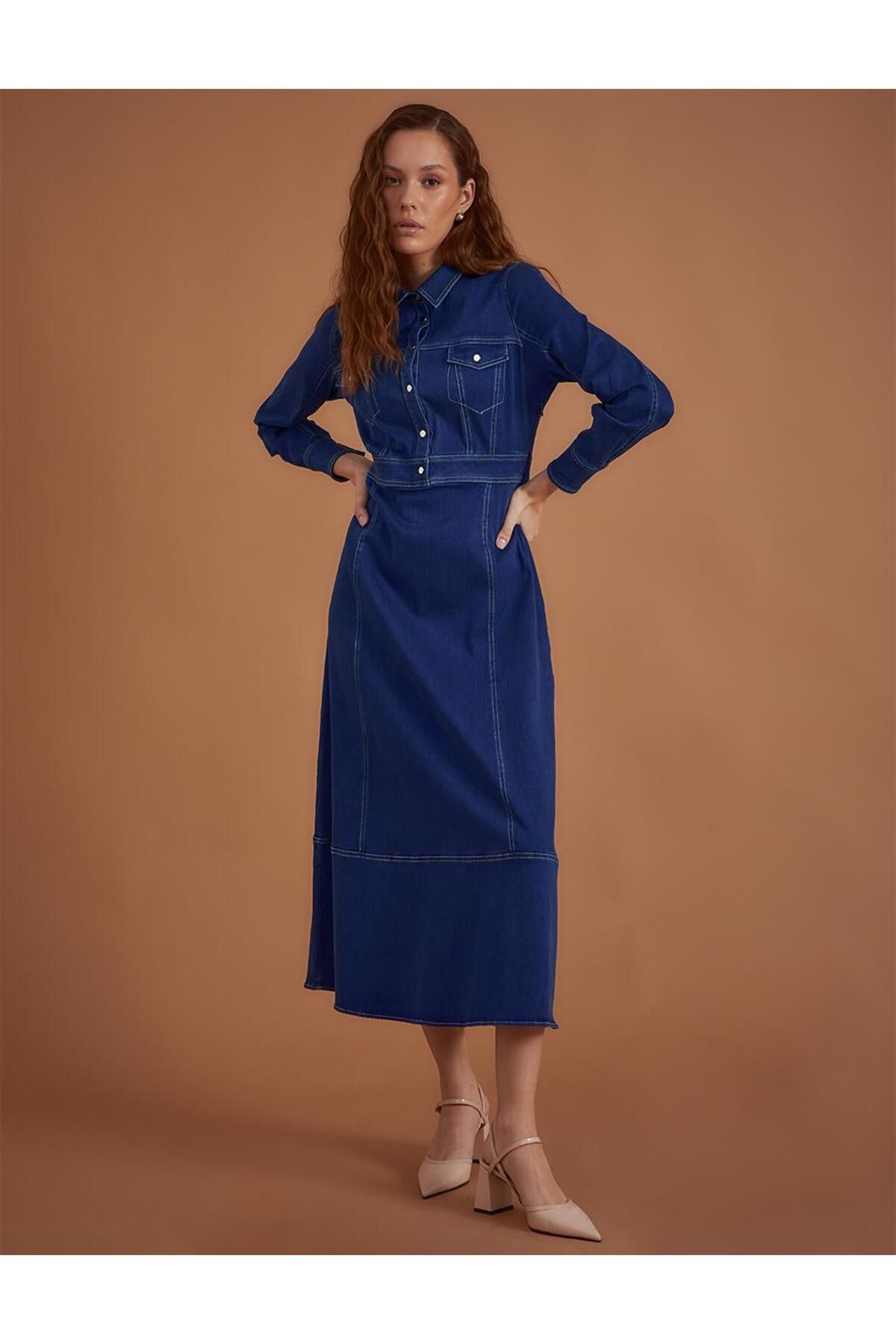 Kayra Punto Stitched Maxi Denim Dress Trendyol