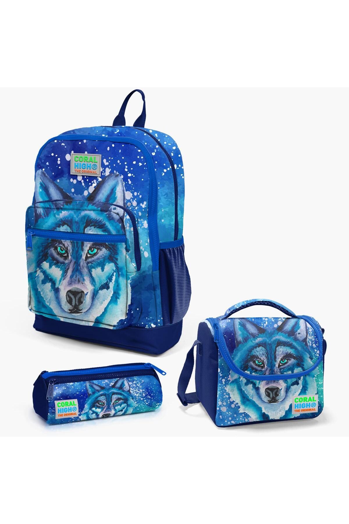 Coral High Kids Navy Blue Wolf Patterned 3 Piece School Bag Set