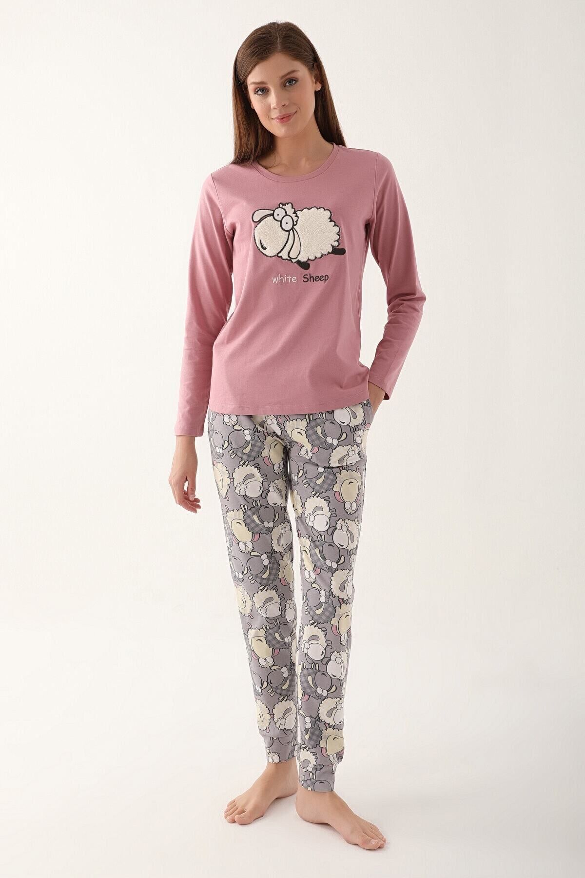 Arnetta White Sheep Pink Women s Long Sleeve Pajama Set Trendyol