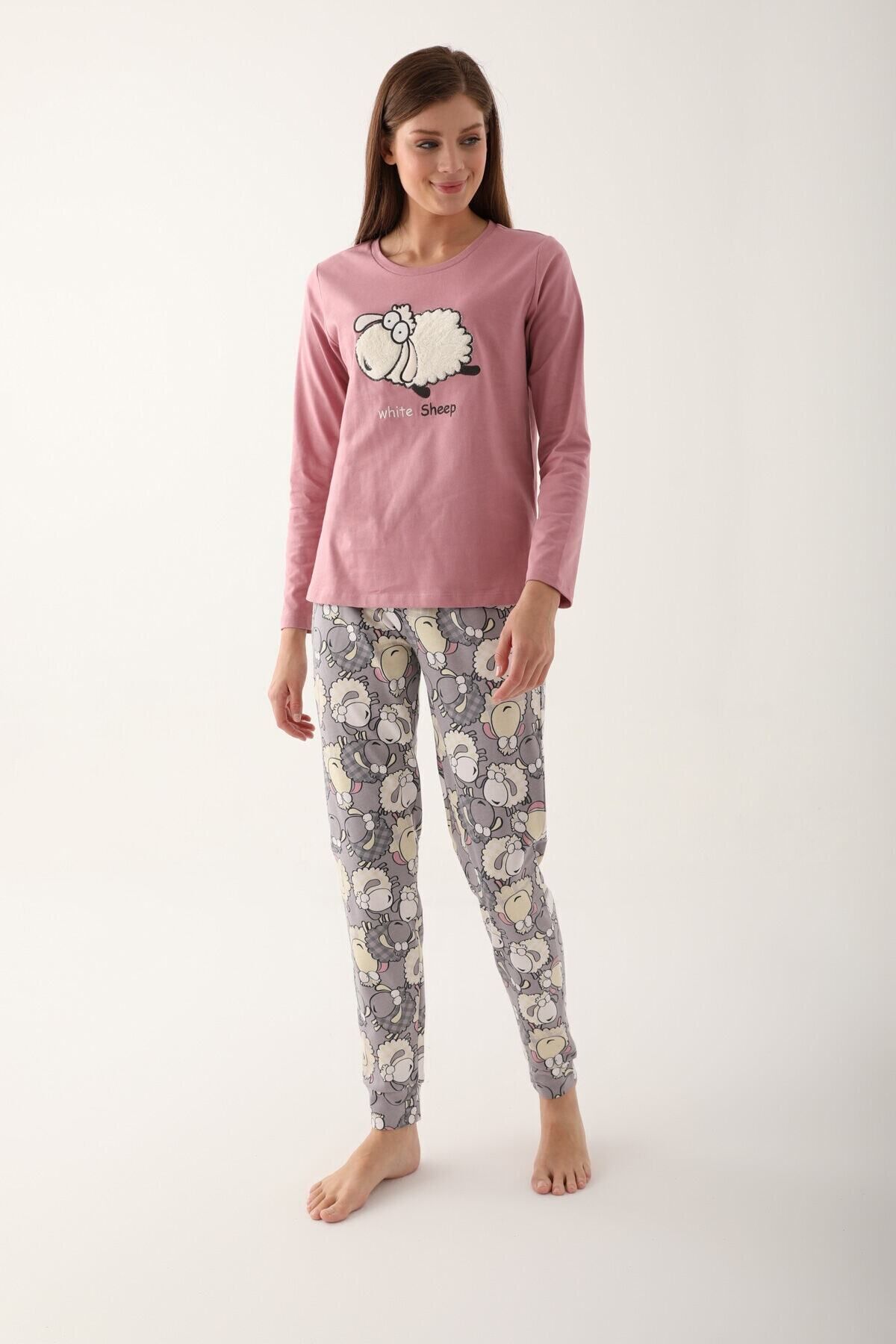 Arnetta White Sheep Pink Women s Long Sleeve Pajama Set Trendyol