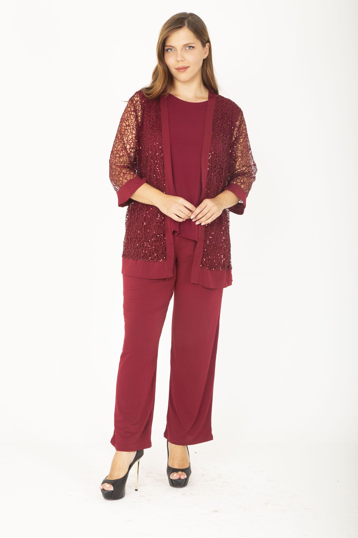 ans Women s Large Size Burgundy Lace Cardigan Underwear Blouse