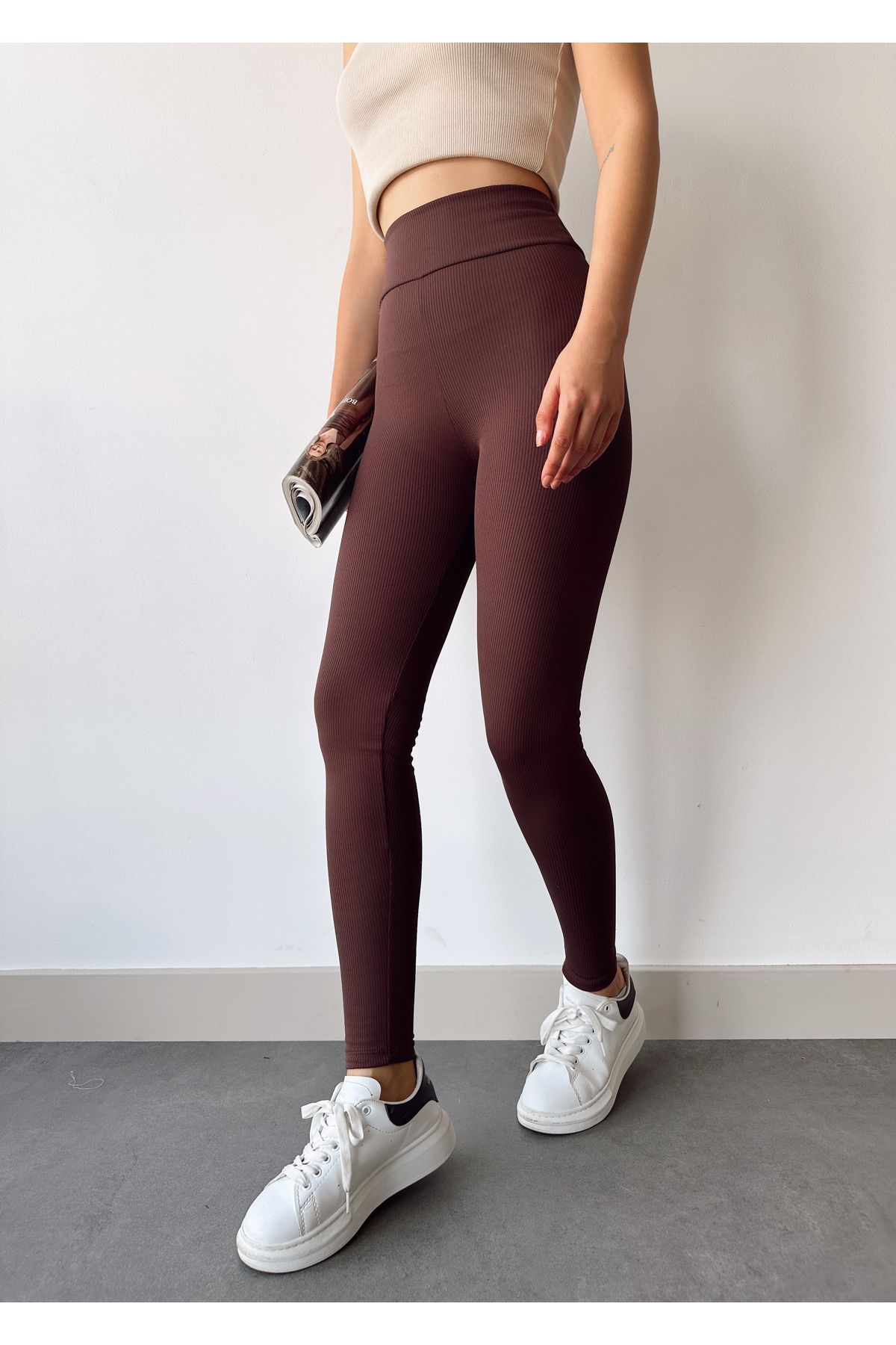 schlank-Women's Brown Cotton Inside High Waist Ribbed Recovery Leggings 7