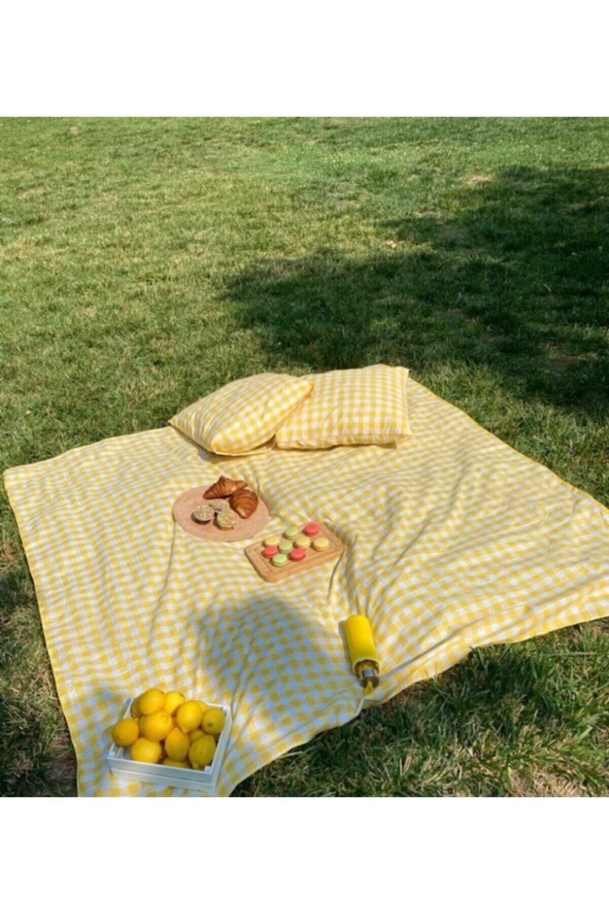 BELMODMODA Yellow Plaid Gingham Picnic Mat 170 170 2 Pieces Picnic Mat 45 45 Cm Picnic Set Trendyol