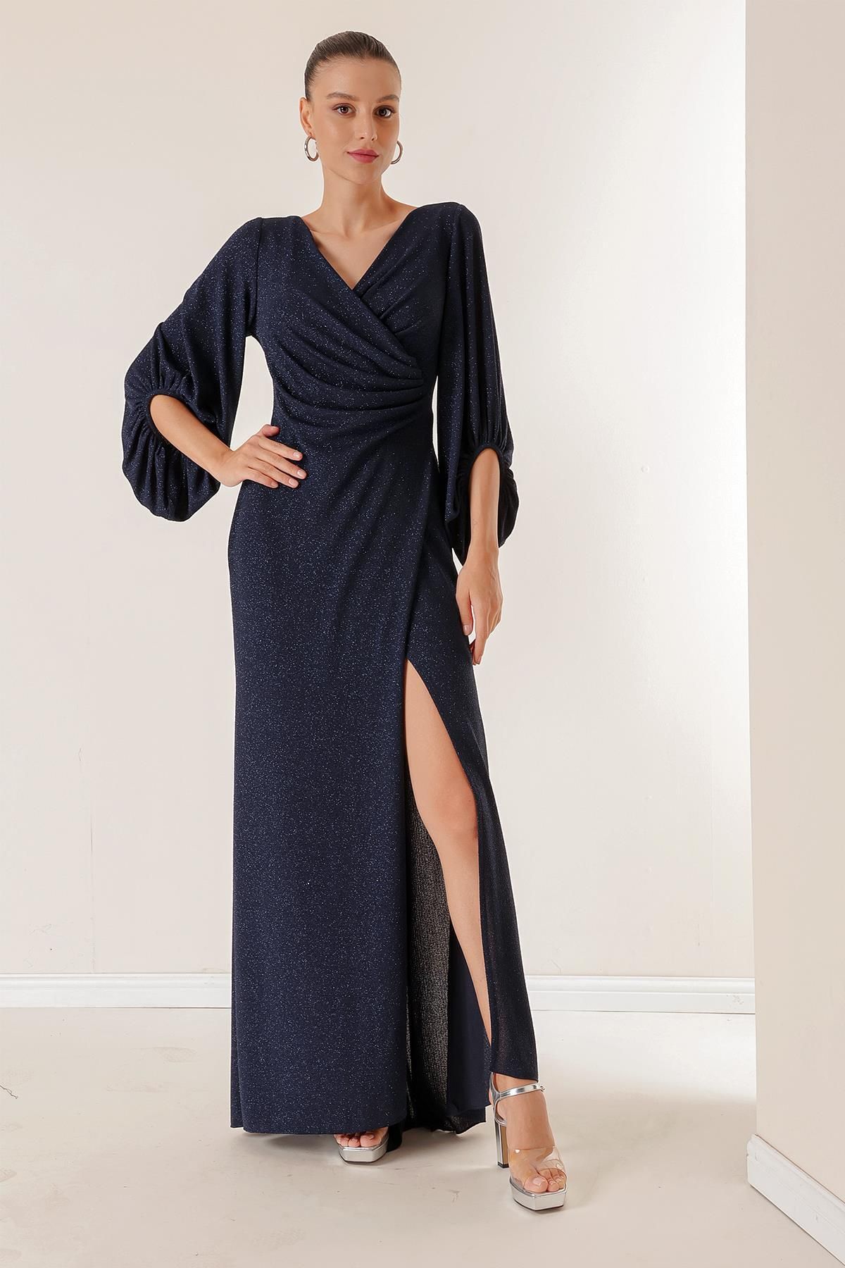 By Sayg Double Breasted Neck Front Draped Lined Glittery Long