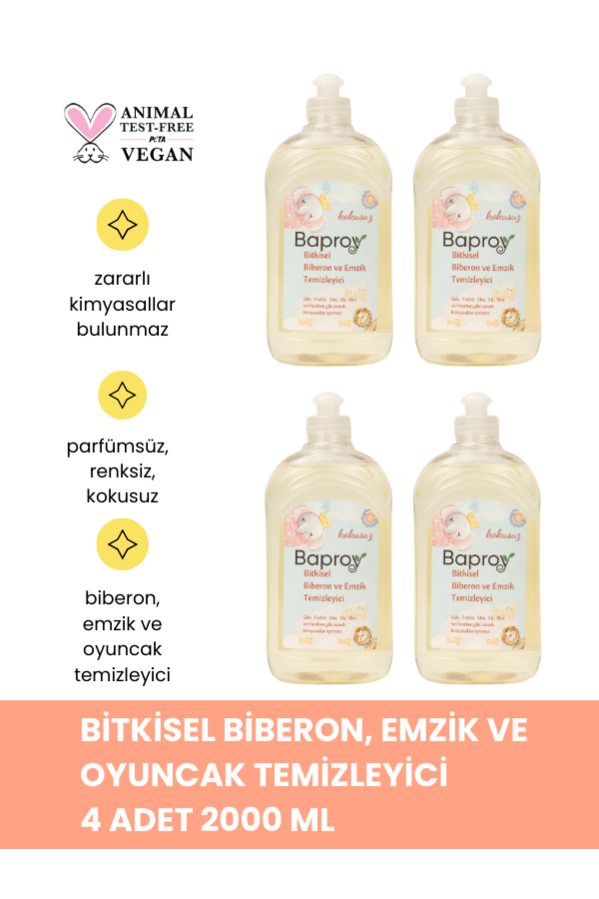 Baproy %100 Doğal Bebekler Için Bitkisel Biberon Emzik Temizleyicisi 500 ml * 4 Adet Toplam 2000ml