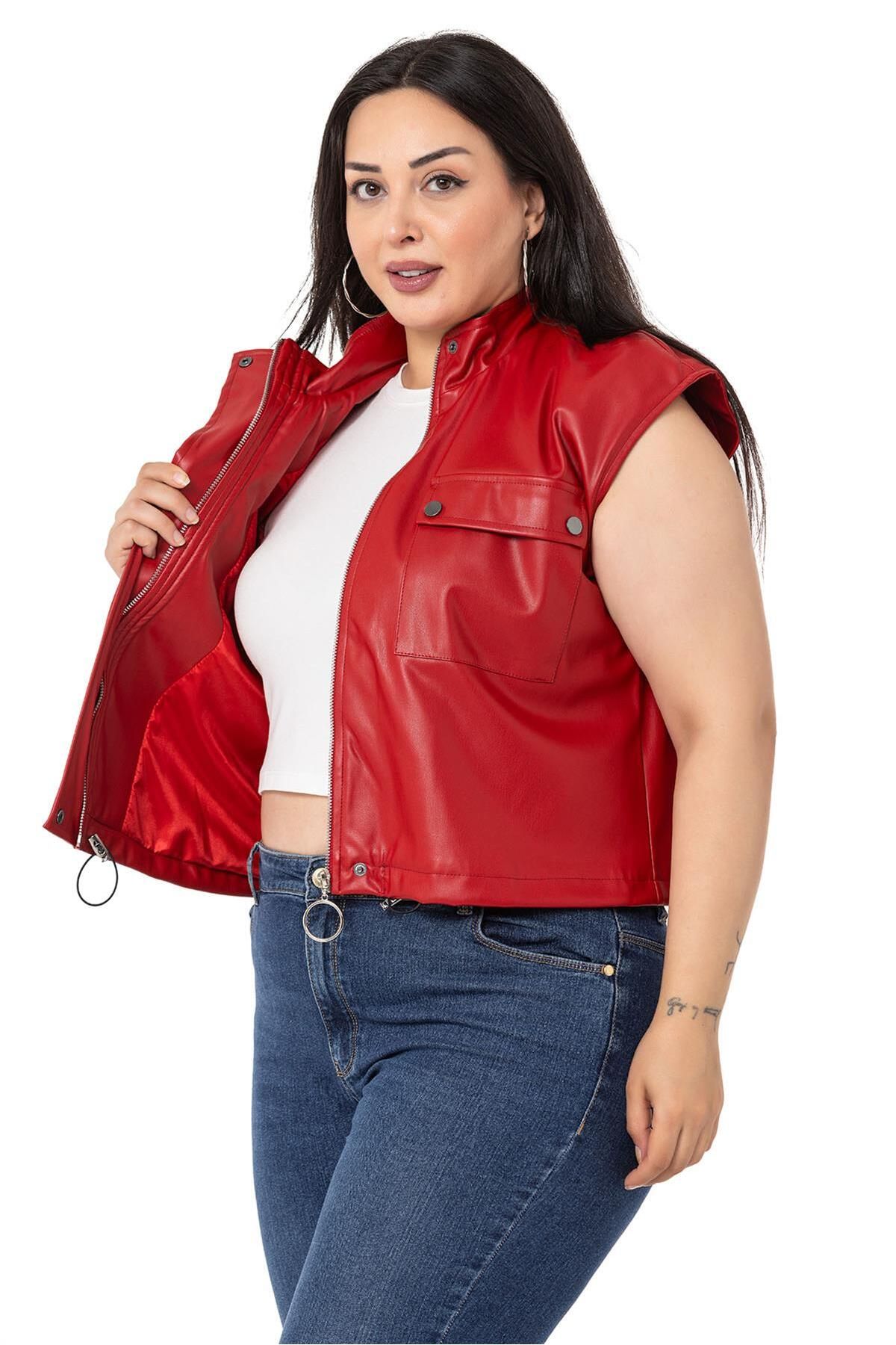 DISENTIS MODEST-Large Size Leather Short Red Vest with Drawstring Detail and Pockets 5