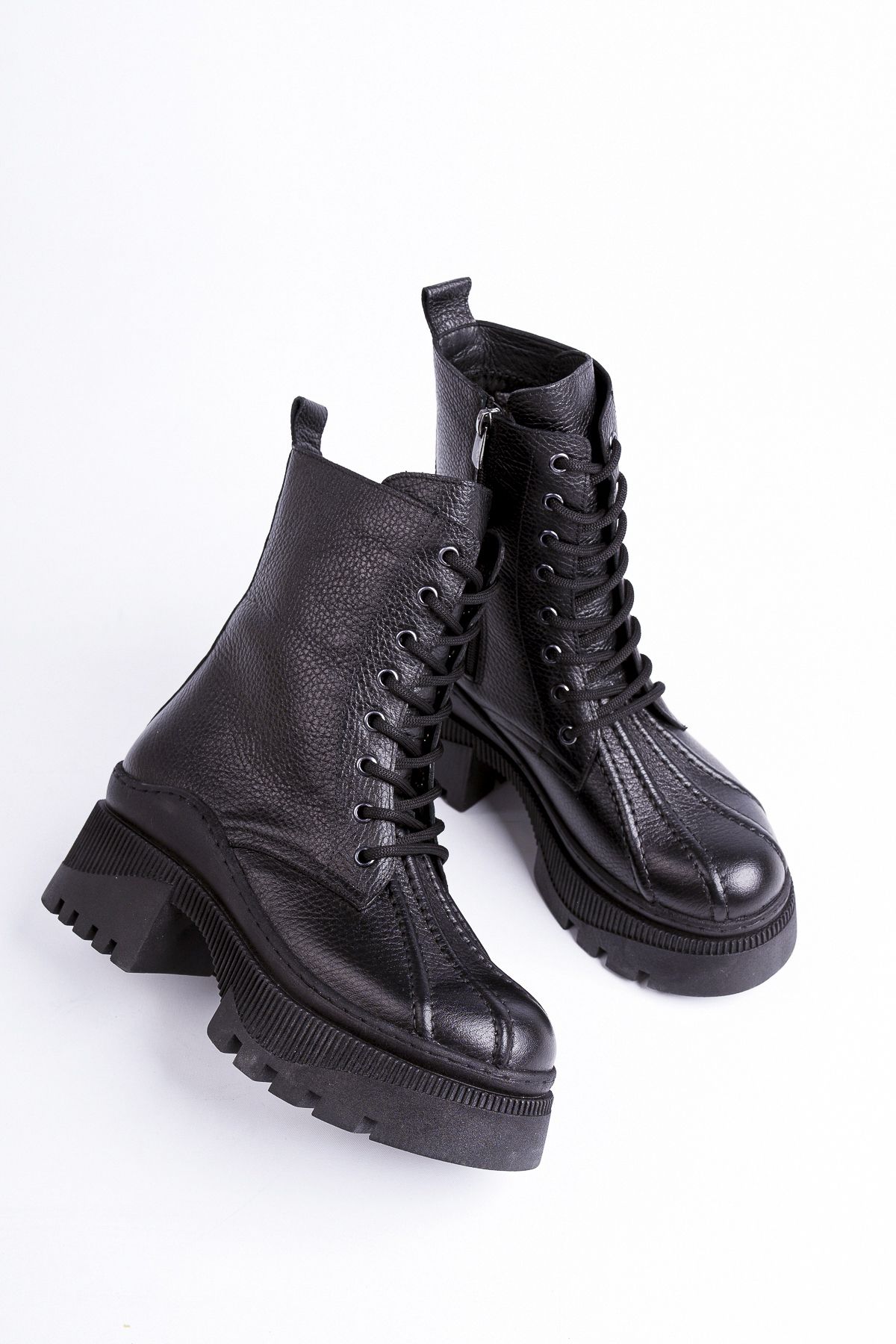 Deripabuc-Genuine Leather Black Women's Serrated Platform Sole Leather Boots Trc-3001 2