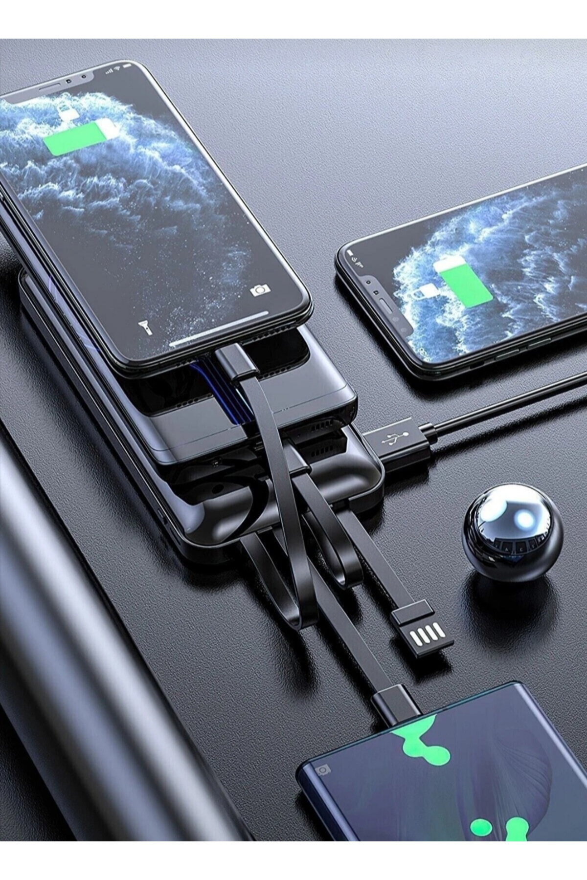 Dijital Göstergeli 10000 mah Dahili Çoklu Kablolu Powerbank siyah taşınabilir Şarj Cihazı 4
