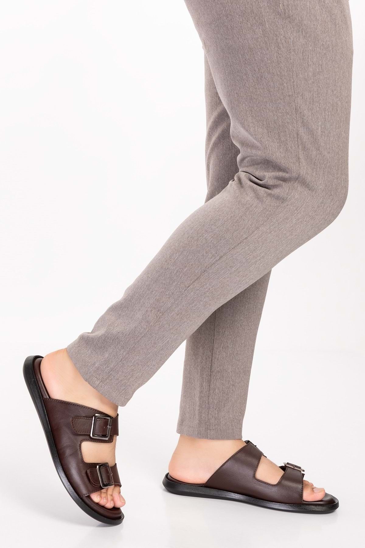 دمپایی چند رنگ مردانه چرم واقعی روزانه کلاسیک Tuck Slipper ESM.610 قهوه ای Gondol