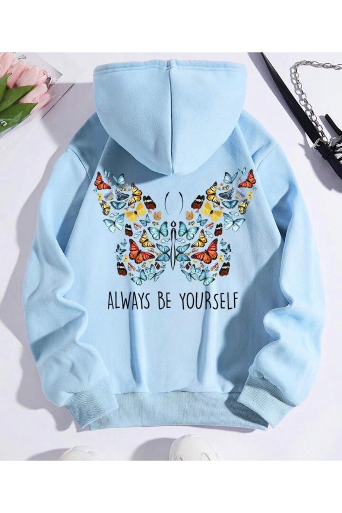 Girl Hooded Baby Blue Always Butterfly Printed Sweatshirt