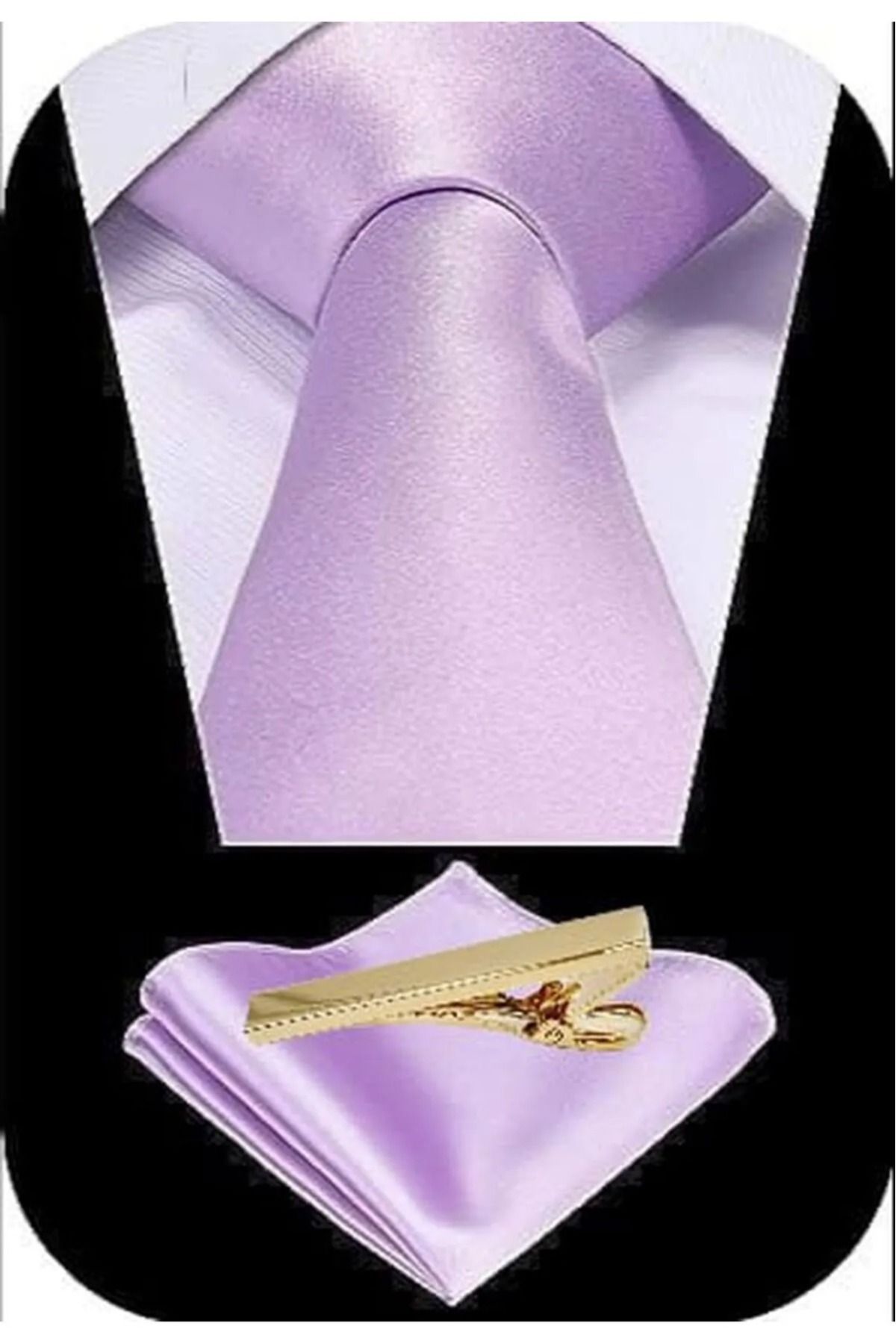Trenderrs Set Batistă Din Satin Pentru Bărbați Și Ace De Cravată Din Oțel Auriu Masculin - One Size