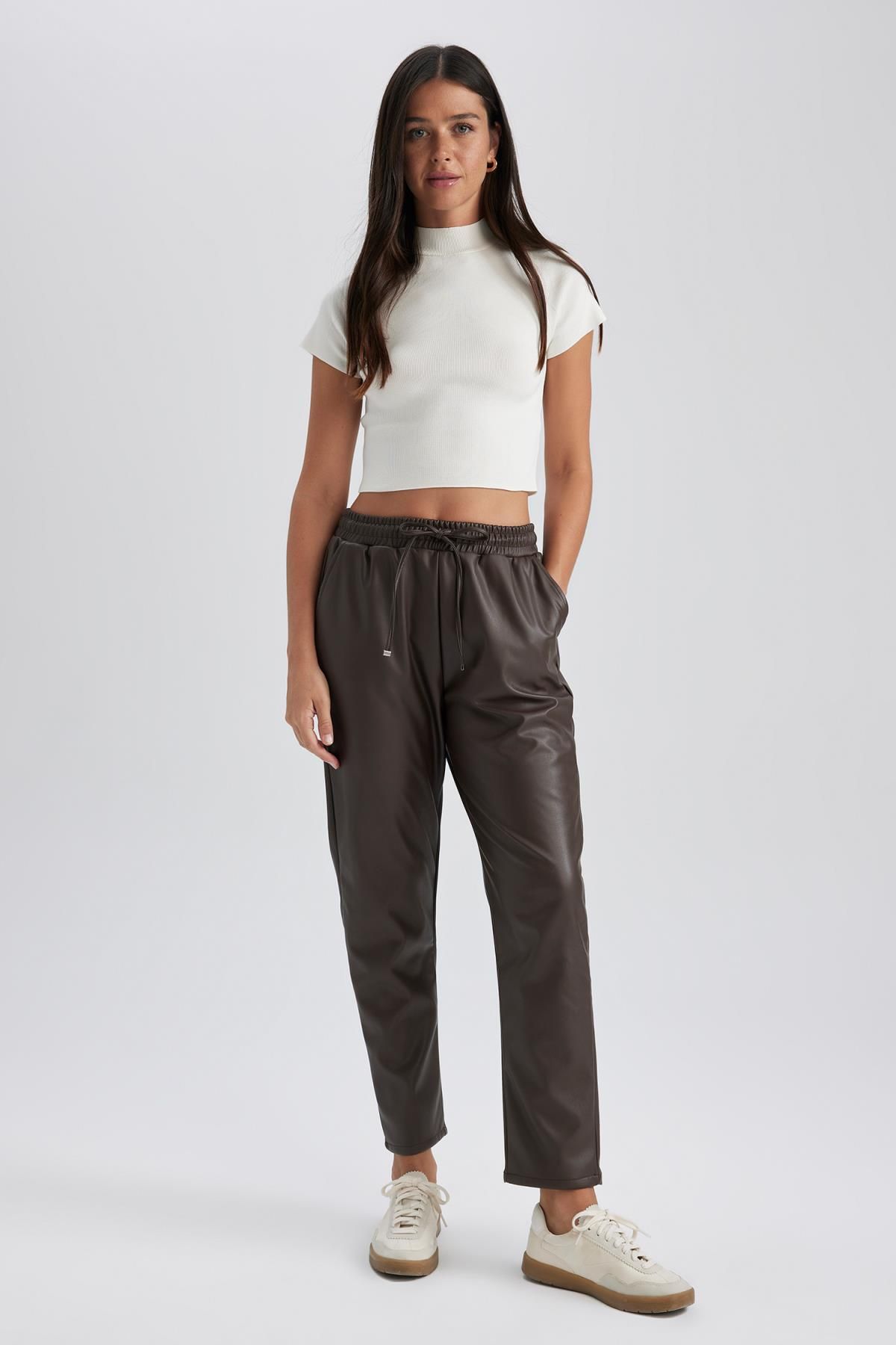 Faux leather jogger trousers on sale