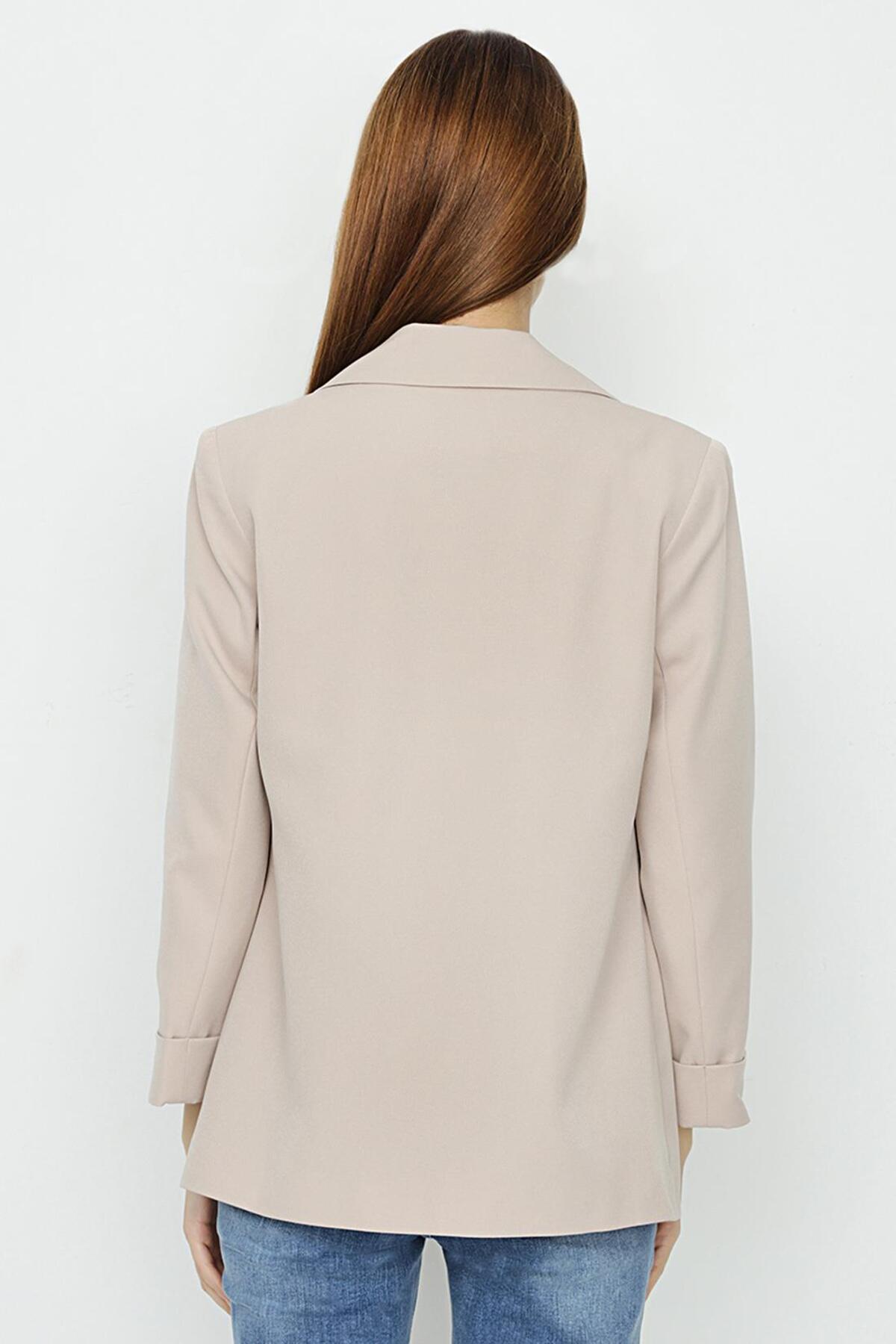 Select Moda  Kadın Taş Rengi Astarlı Dokuma Blazer Ceket - Görsel 4