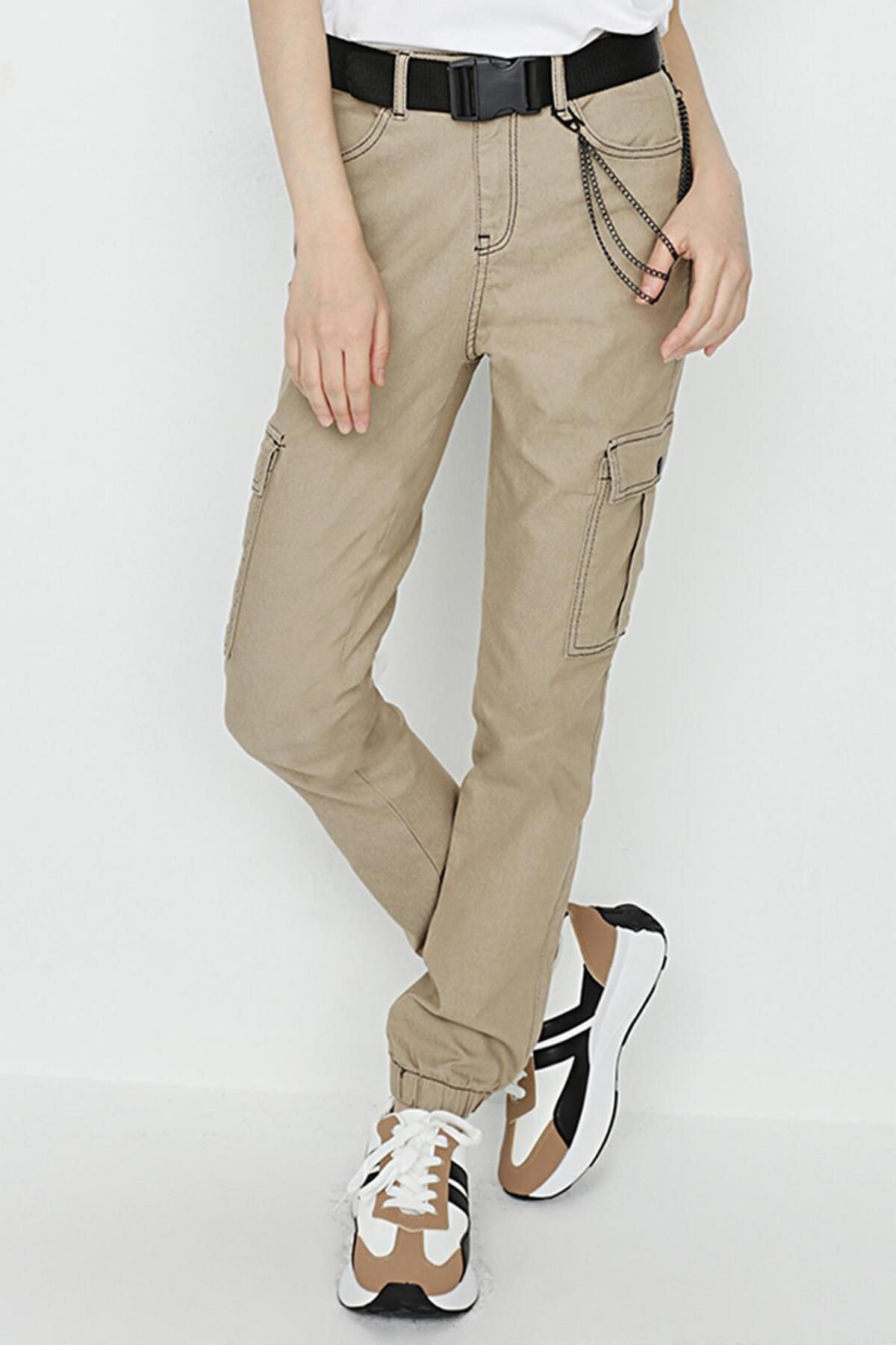 Select Moda-Pantaloni cargo de damă, bej, cu curea, cu lanț 3