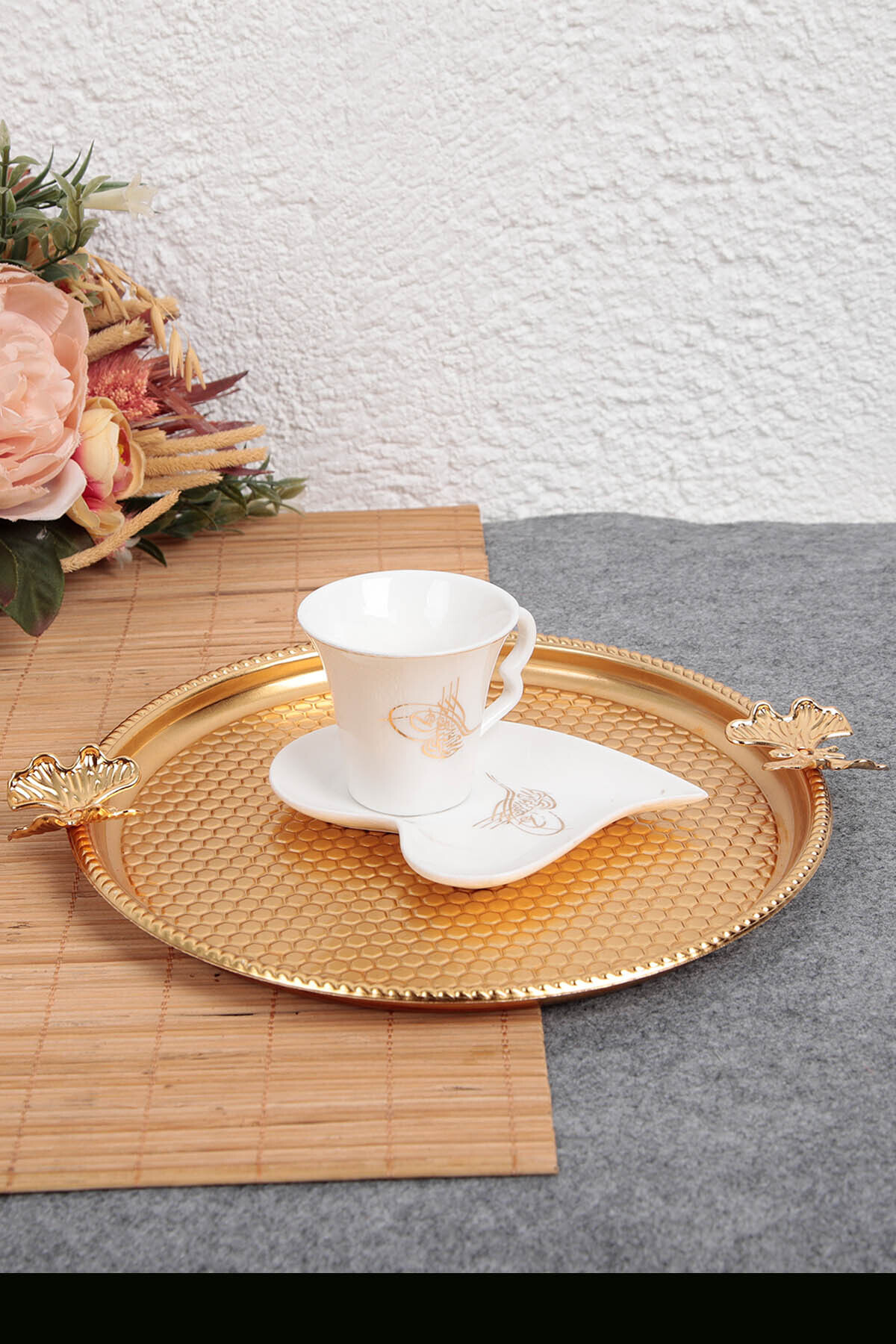 GİLLİ STORE-Stainless Steel Round Model Tea Coffee Presentation Tray with Butterfly Detail 4 Pieces 8