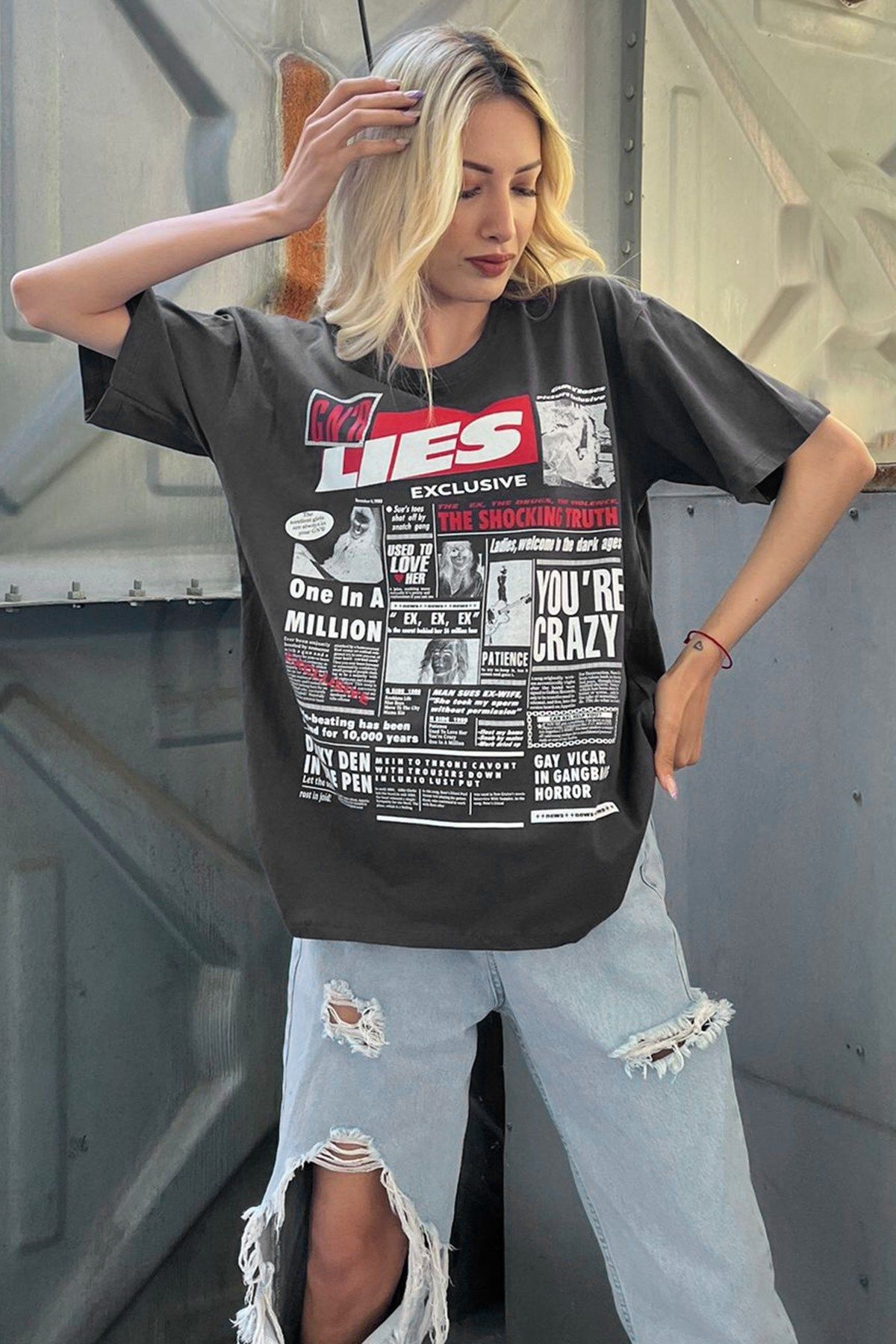 Madmext Anthracite Back Printed Over Fit Women s T Shirt Mg1506