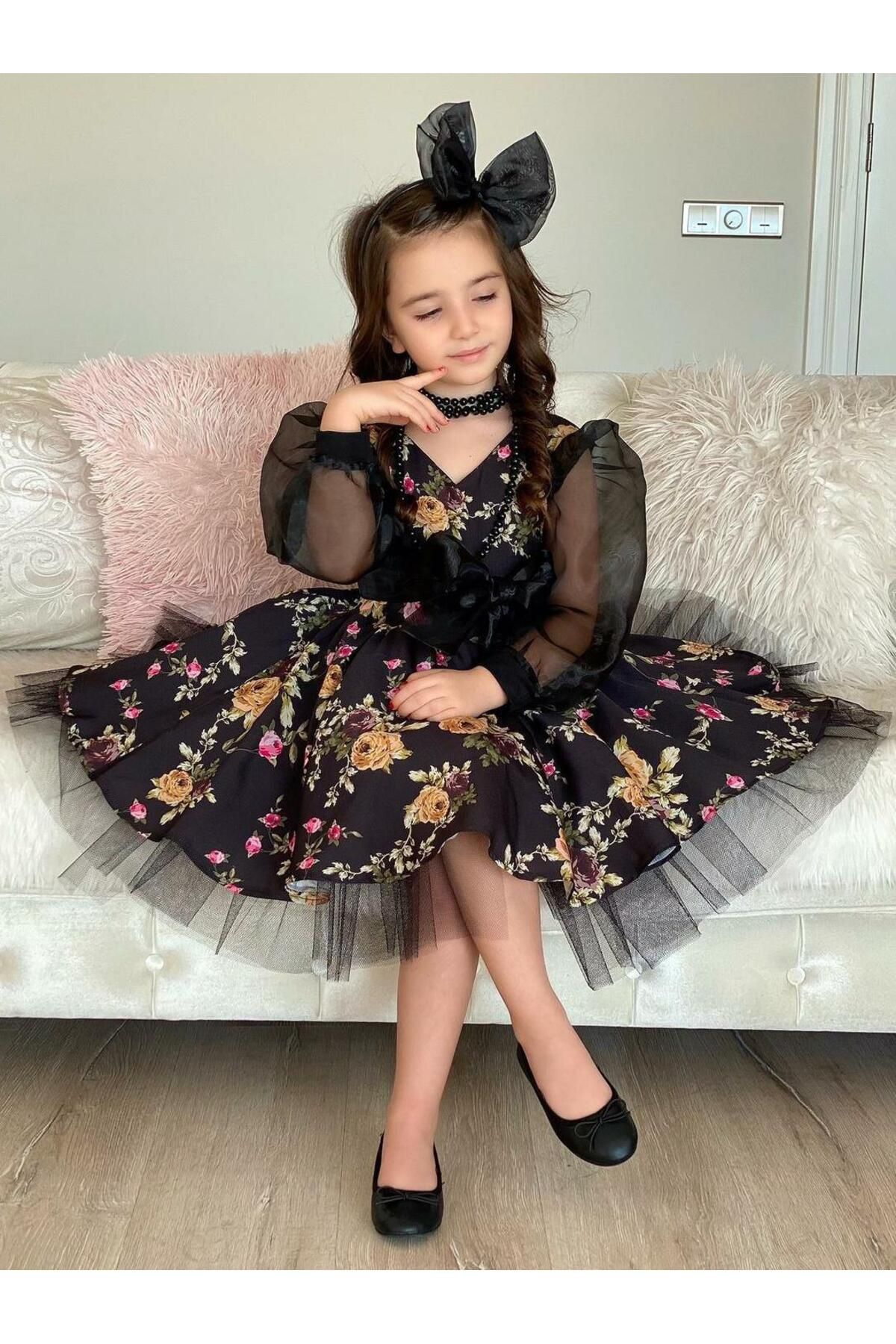 Riccotarz-Rochie tutu cu flori negre pentru fete 6