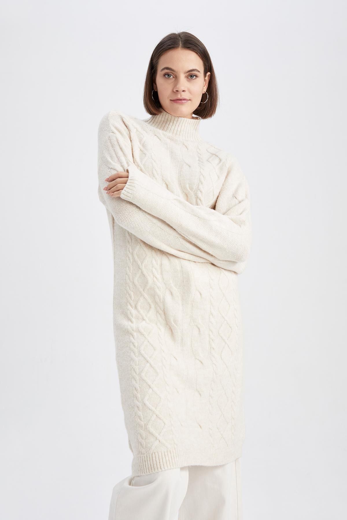 DeFacto-Regular Fit Turtleneck Knitted Patterned Midi Dress 7