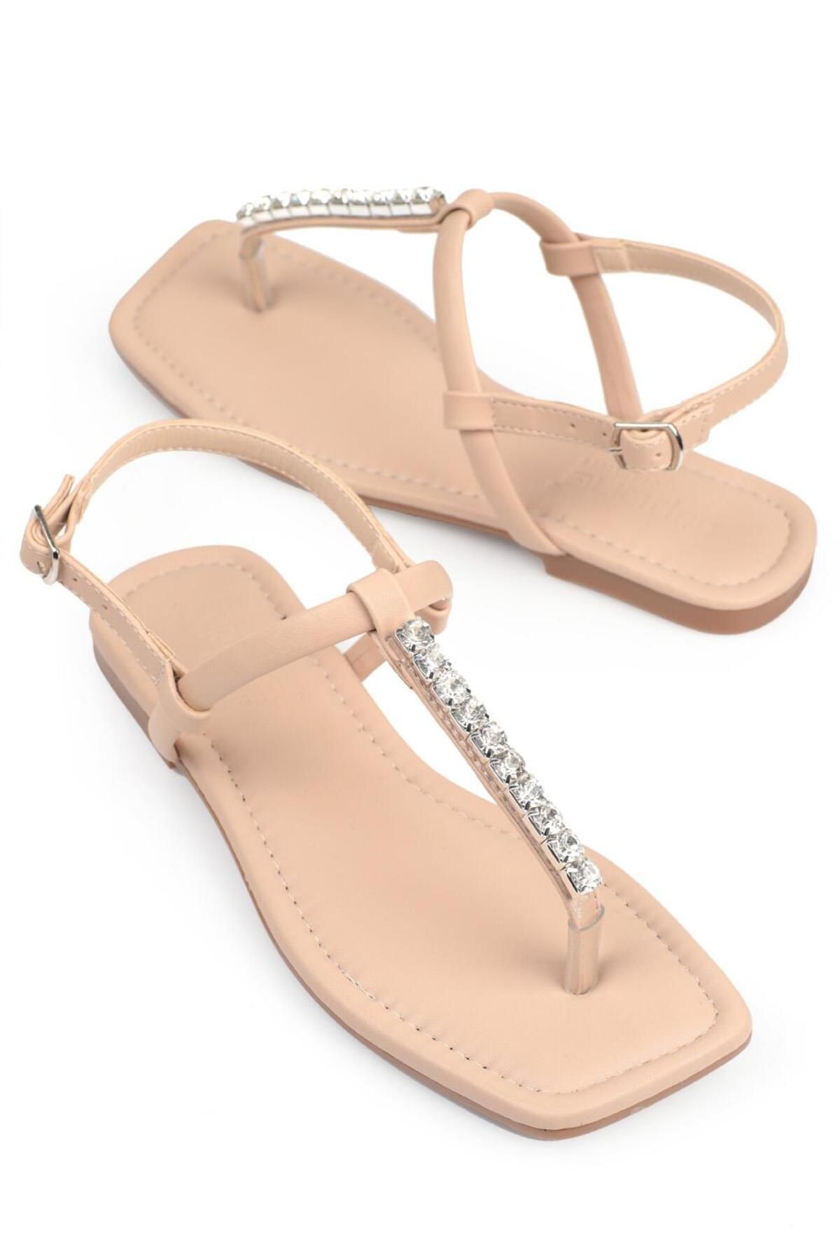 Capone Outfitters-Capone Skin Flip Flops Stone Ankle Strap Flat Heel Nude Women's Sandals 3