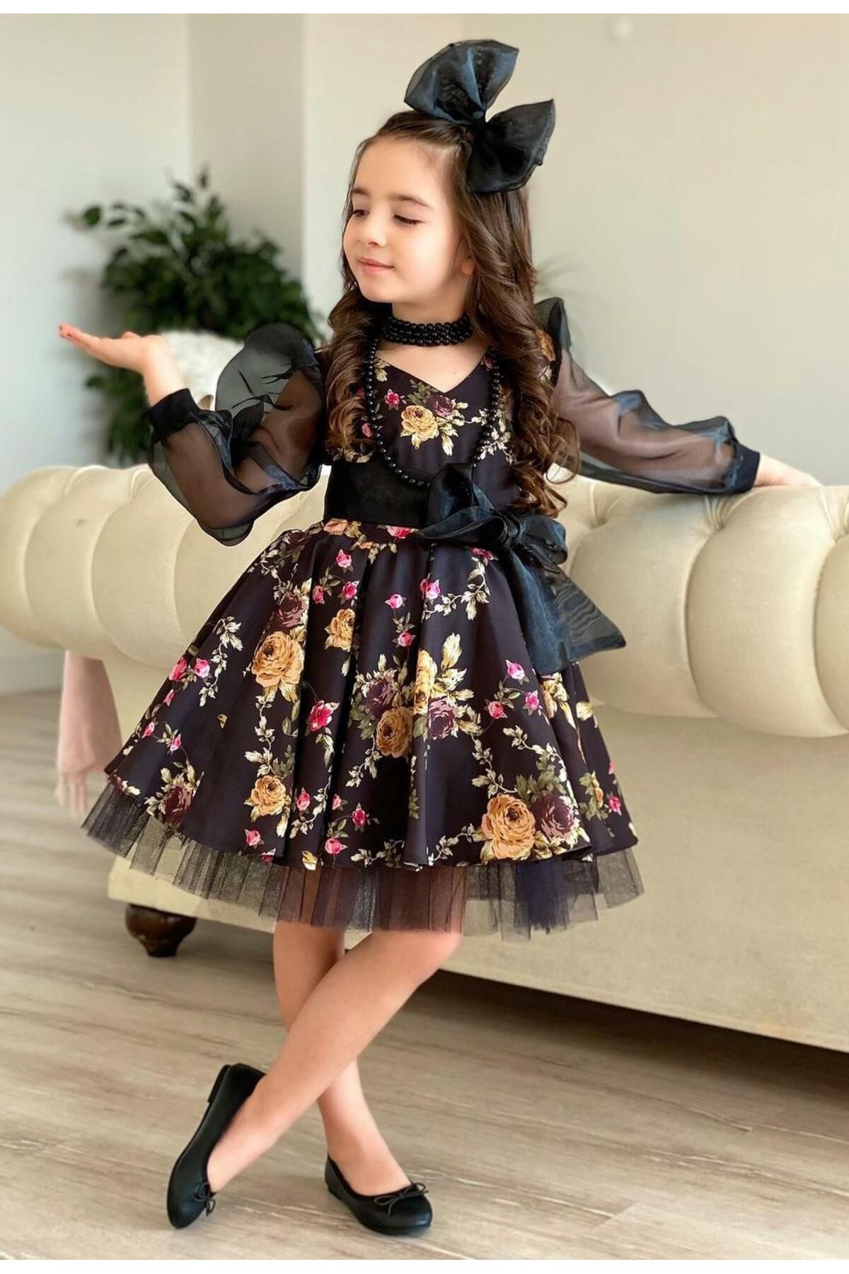 Riccotarz-Rochie tutu cu flori negre pentru fete 3