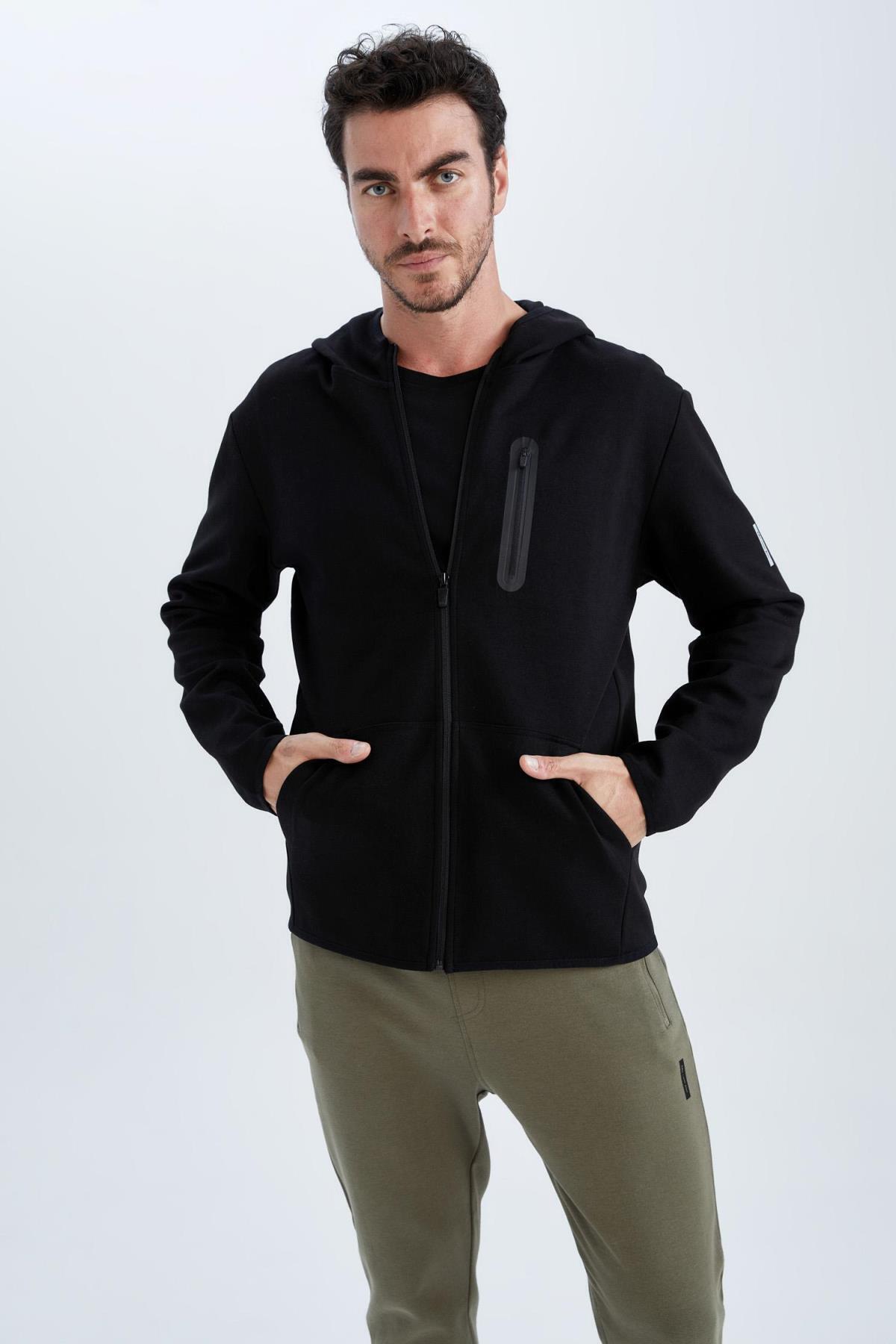 DeFacto-Fit Standard Fit Hooded Sustainable Ζακέτα με φερμουάρ 5