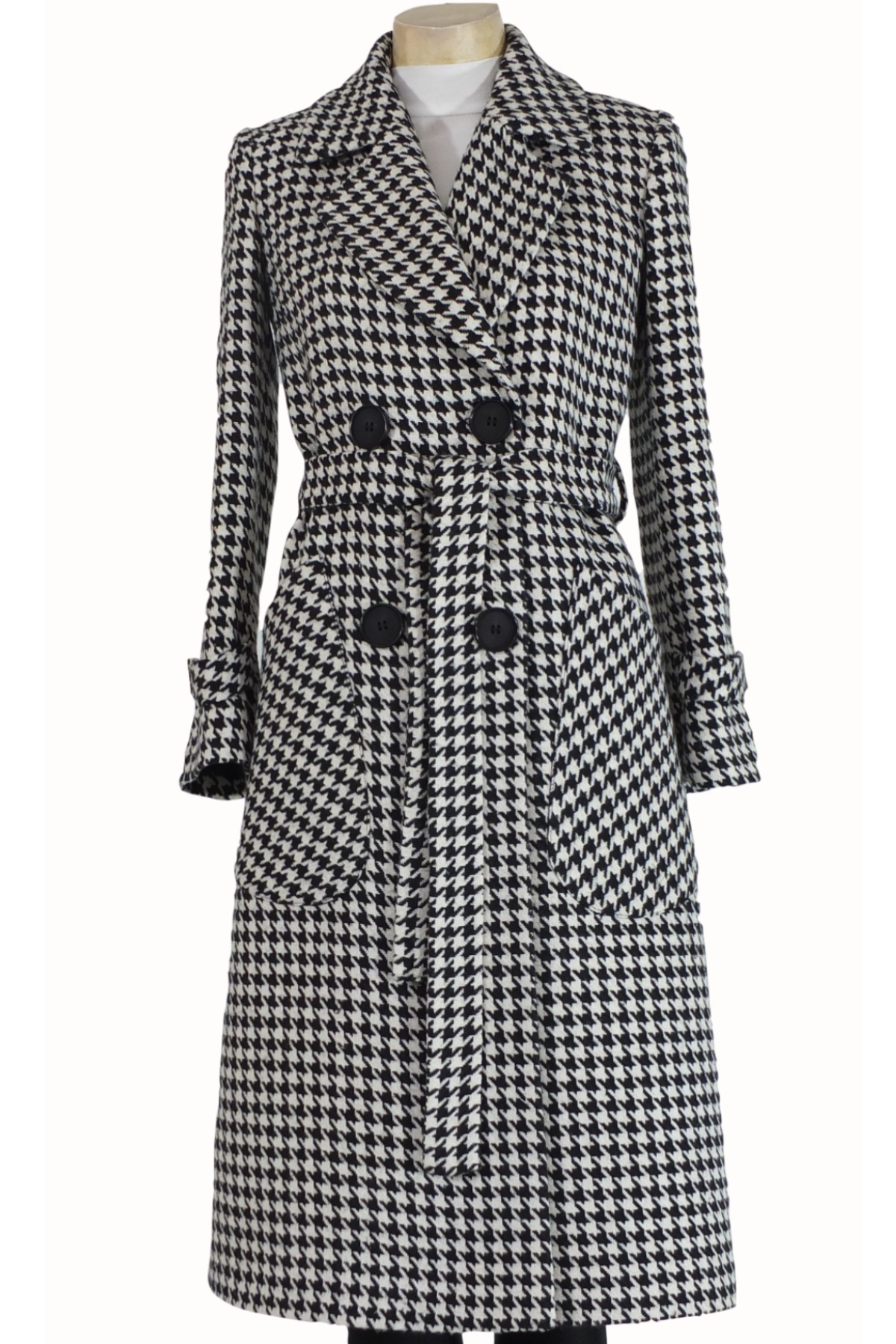 Women's Mono Collar Bag Pocket Lined Houndstooth Coat Size 34-54