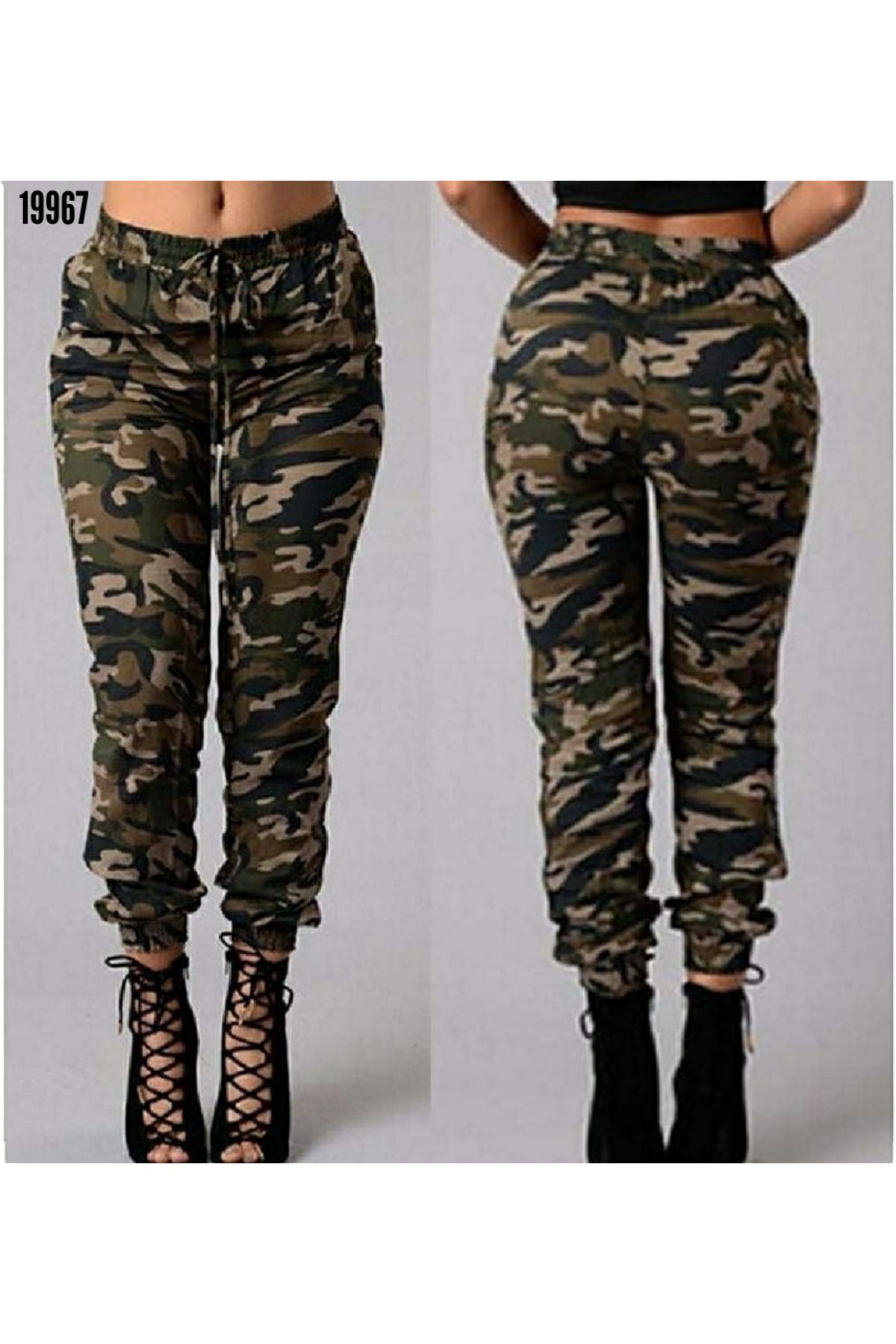 Esinty-Pantaloni cargo de damă, camuflaj, cu talie elastică, model de camuflaj 6