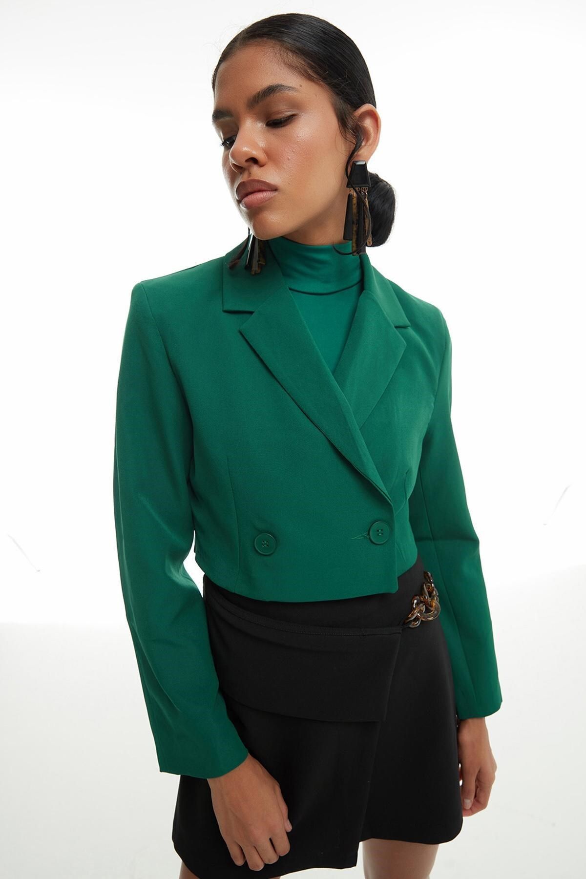 Quzu Double Breasted Crop Blazer Jacket Dark Green Trendyol