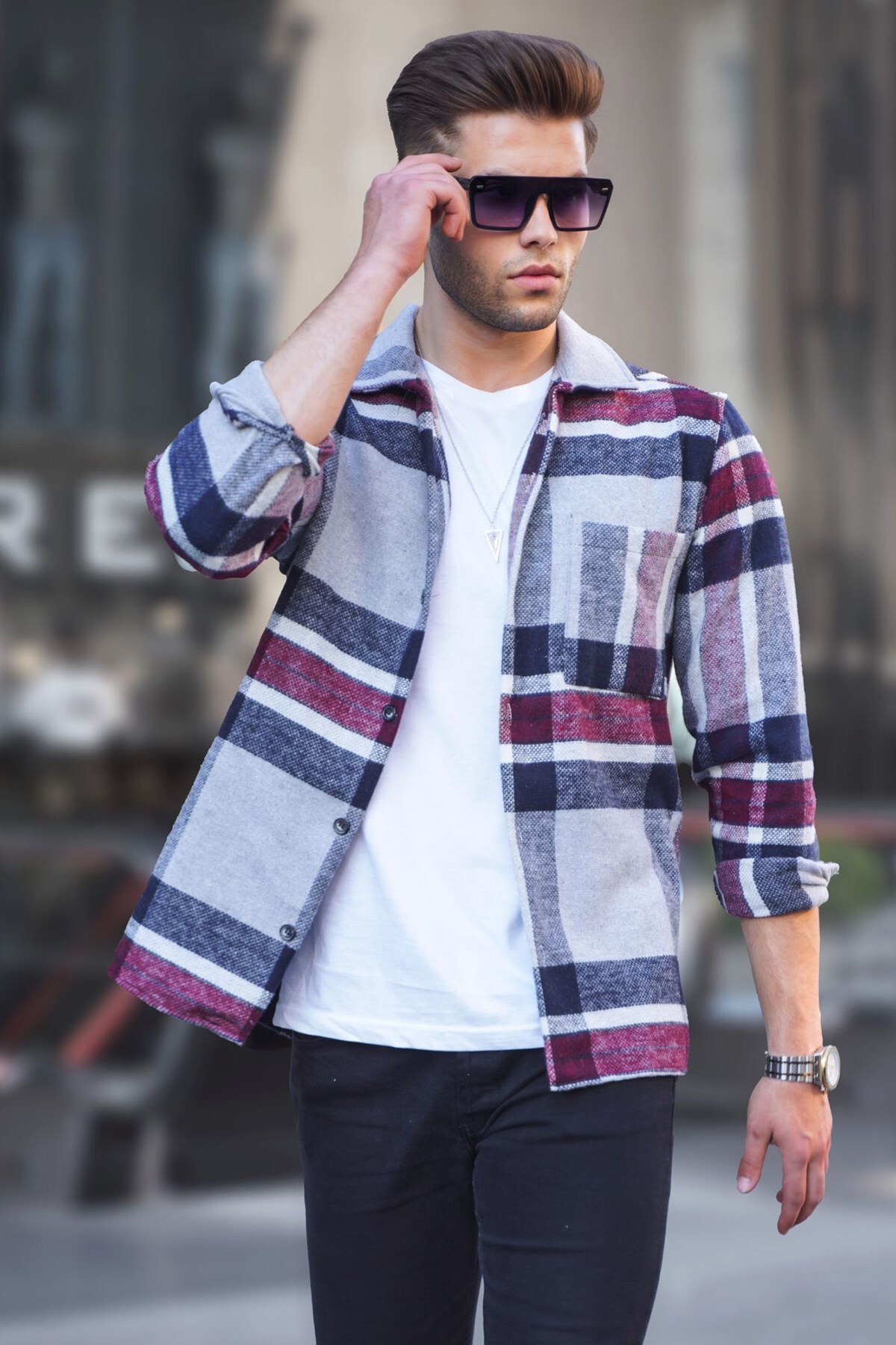 ژاکت پشمی طرح راه راه یقه پیراهنی مدل آستین بلند جیب دار مردانه مدمکست Madmext (برند ترکیه)