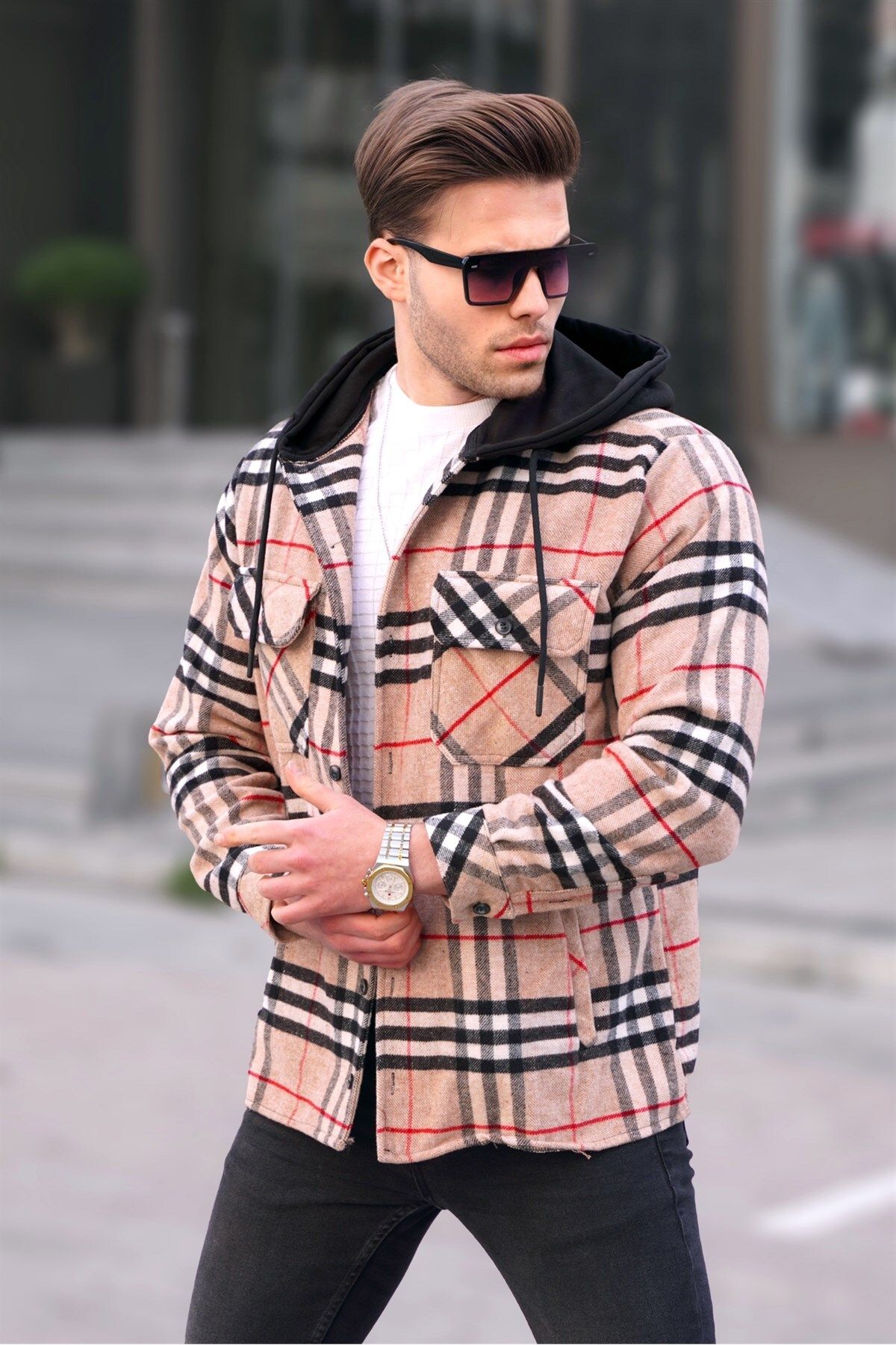 ژاکت طرح چهارخانه کلاه دار مدل آستین بلند دکمه ای جیب دار کاپوت دار مردانه مدمکست Madmext (برند ترکیه)