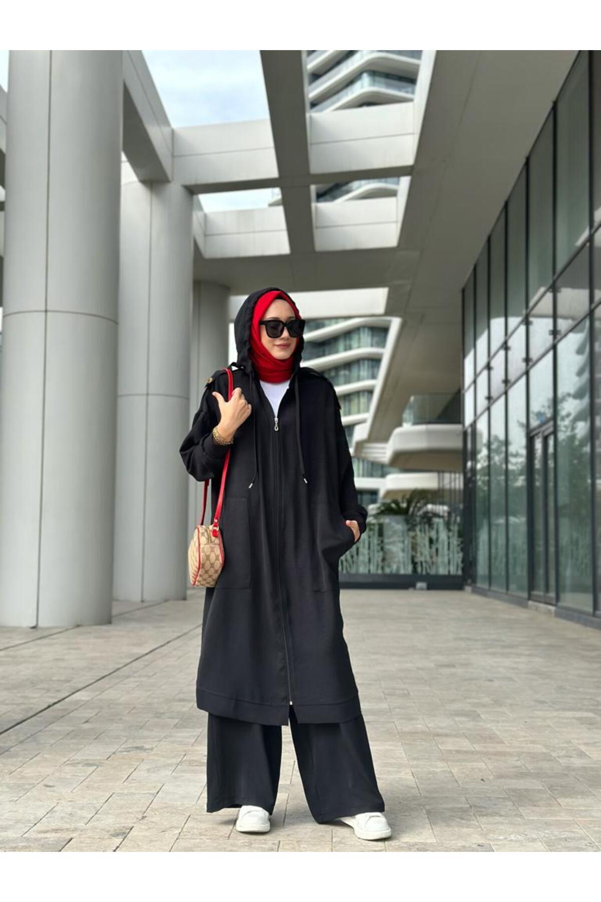 NS Moda-Hijab Zippered Cap, Trousers Set Black Model-439 4
