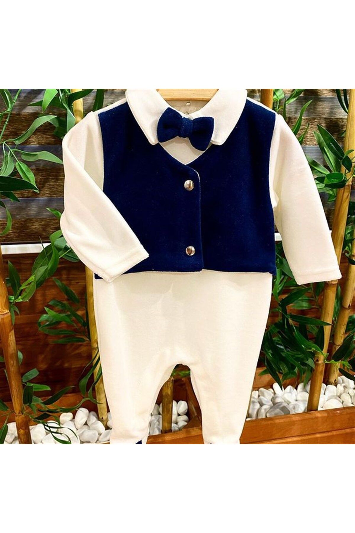 Renkli Puset Winter Seasonal Velvet Baby Boy Jumpsuit with Bow Tie