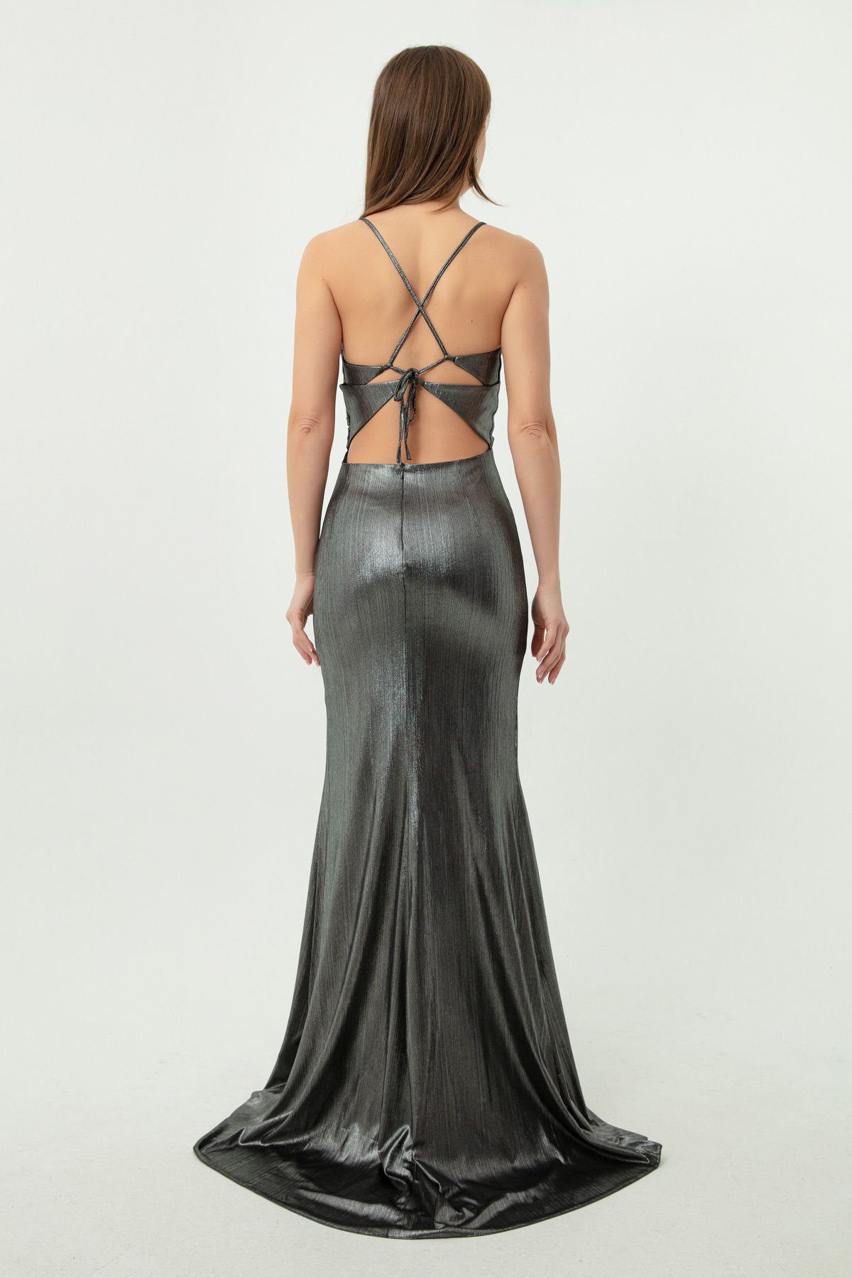 Lafaba Women s Anthracite Thin Strap Backless Shiny Long Evening Dress