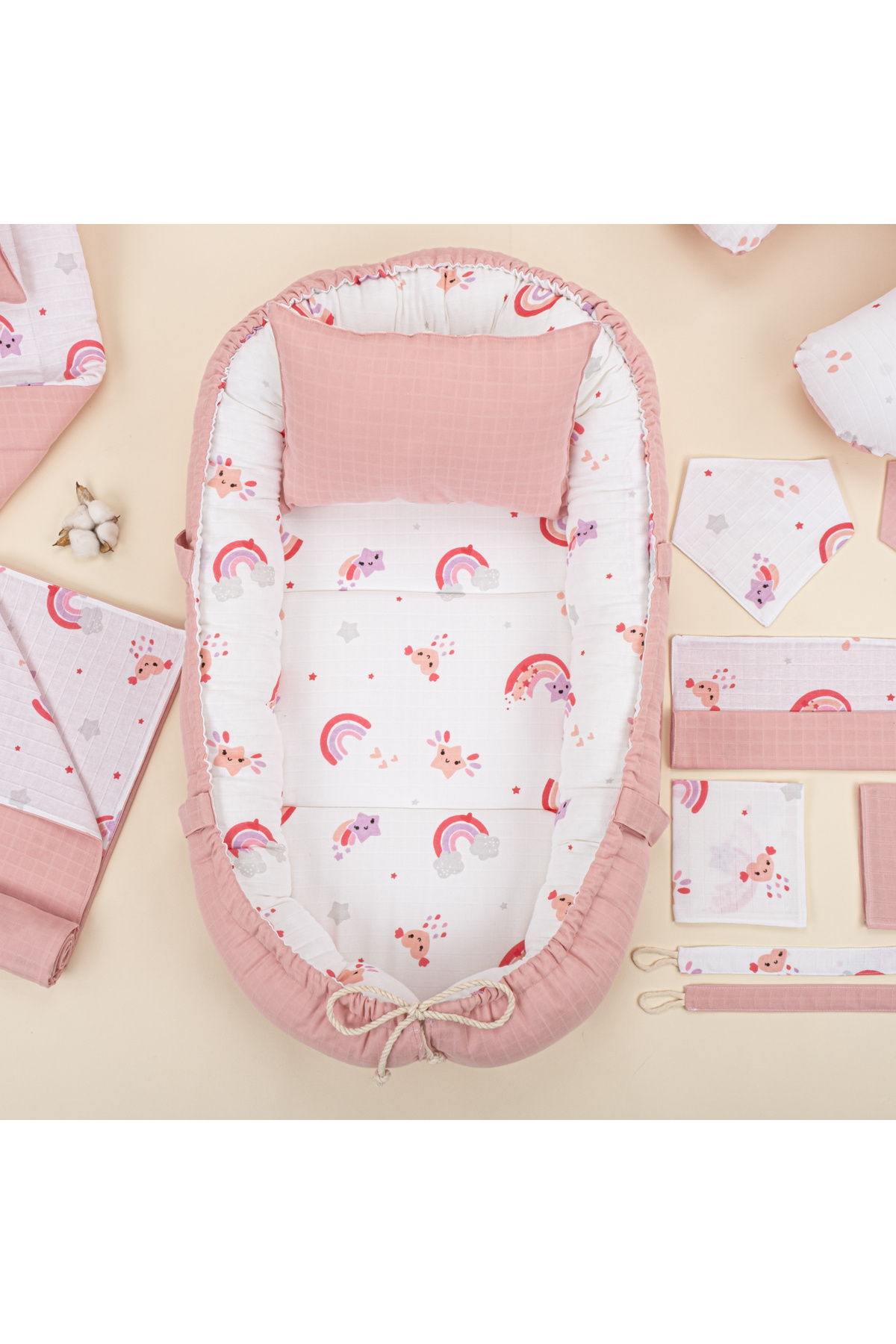 Yunikobaby 18 Parça Set - Pudra Muslin - Pembe Gökkuşağı - Puset Seti,emzirme Önlüğü Ve Yastığı,babynest,çanta fotoğrafı 7 (önizleme)