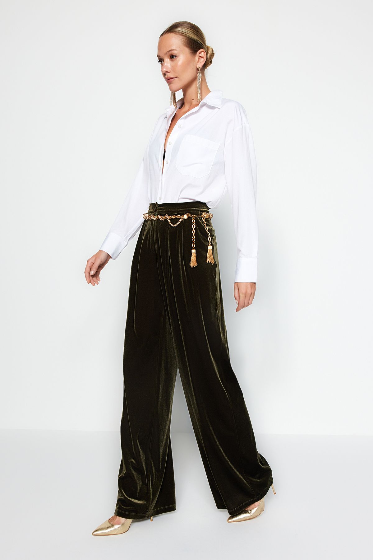 Trendyol Collection-Limitierte Edition – Khakifarbene Samthose TPRAW23PL00017 3