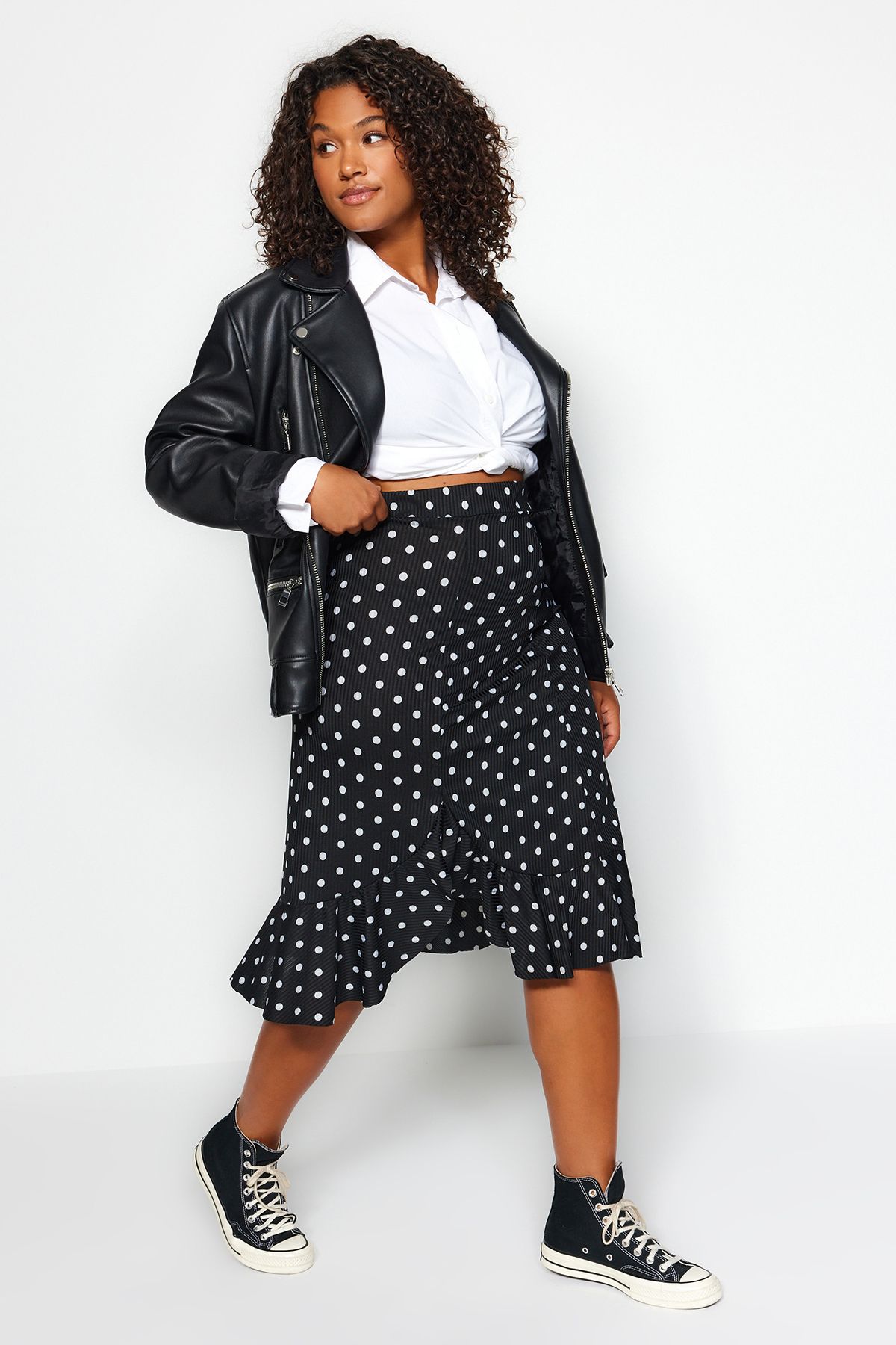 Trendyol Curve-Black Polka Dot Print A-Line Knitted Plus Size Skirt Tbbss22Et00001 13