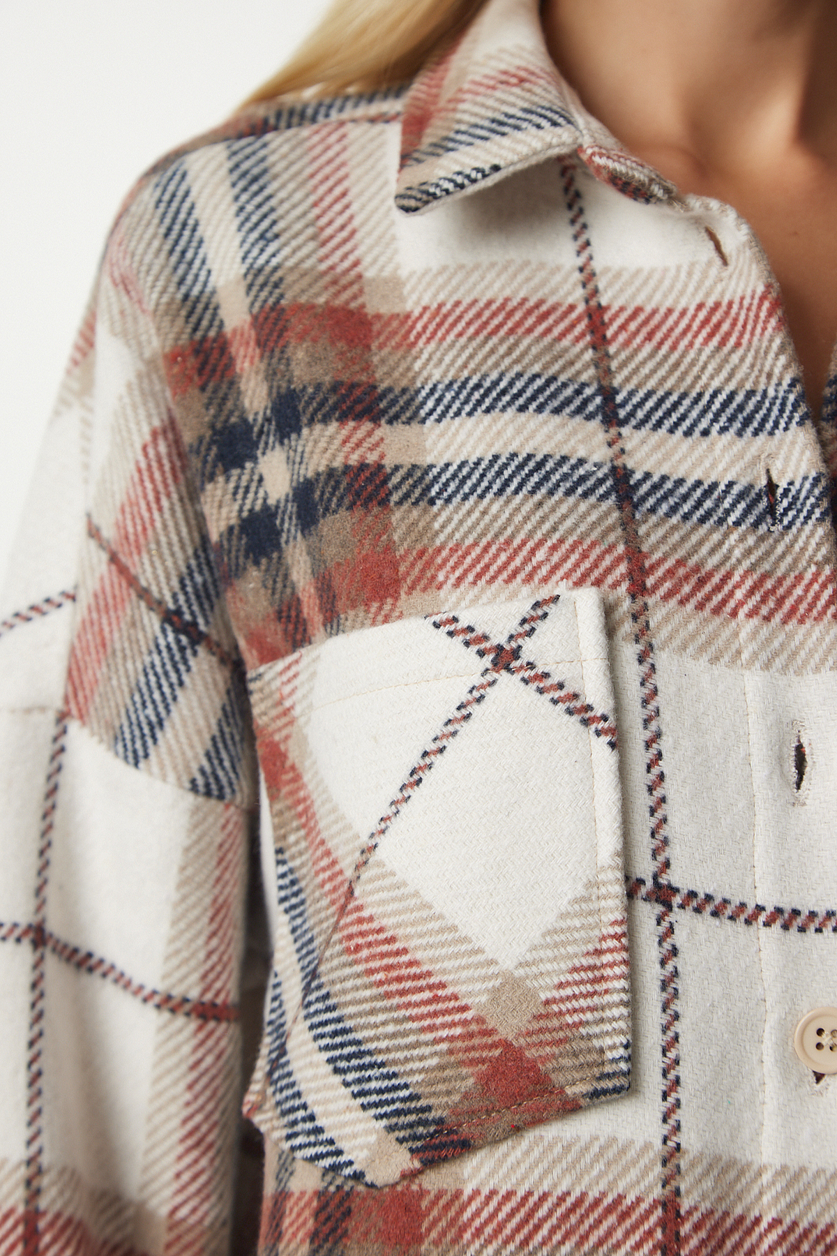 Happiness İstanbul Dámská kašmírová dřevorubecká košile s krémovým vzorem TU00034